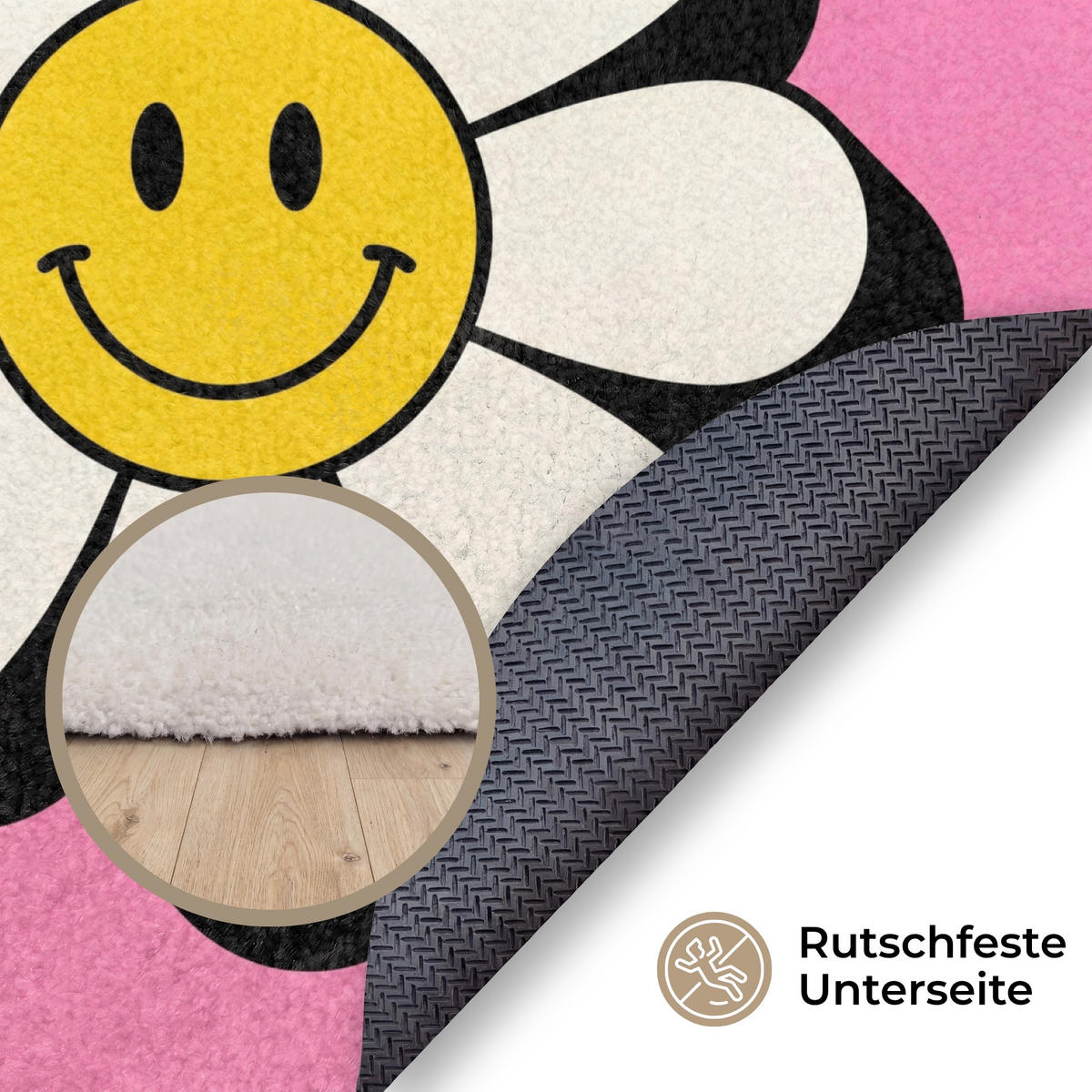 TEPPICH - Smiley - Blume - Rosa - 120x120 cm - Pink, Kunststoff/Textil (120/0.4cm) - OnlyWow