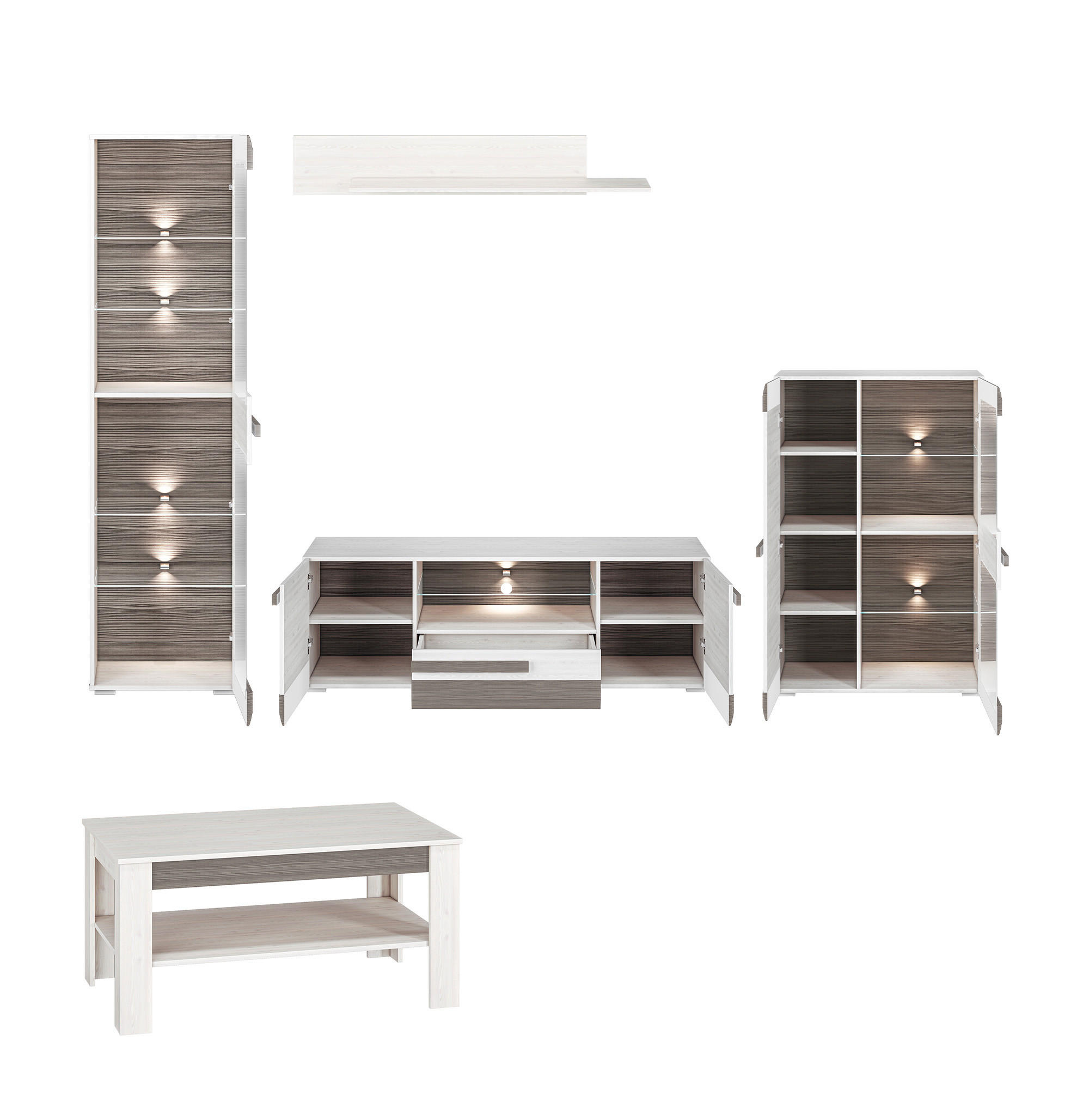 WOHNZIMMER-SET Blanco Pinie weiß / grau 5-teilig - Weiß, Holz/Holzwerkstoff (312/202/67cm) - Feldmann-Wohnen