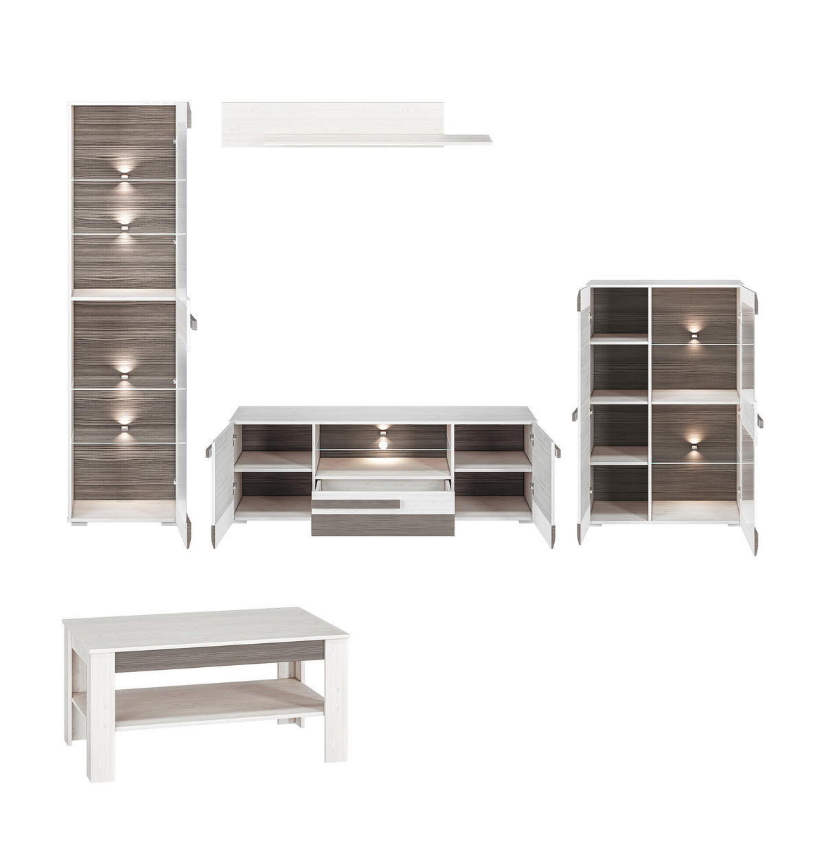 WOHNZIMMER-SET Blanco Pinie weiß / grau 5-teilig - Weiß, Holz/Holzwerkstoff (312/202/67cm) - Feldmann-Wohnen