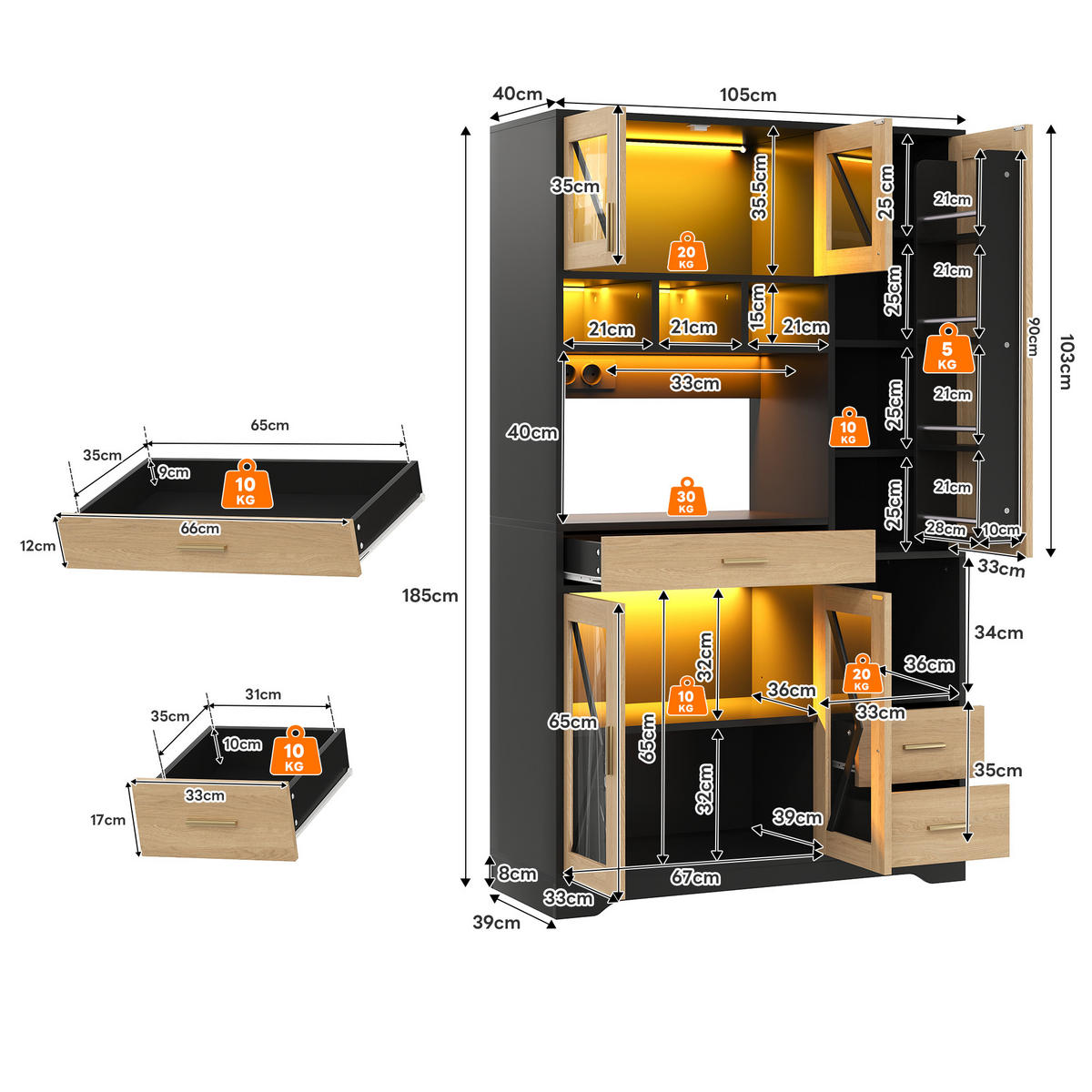 BUFFET 105/39/185 cm Natürlich mit farbwechselnder LED-Beleuchtung und 2 Schublade - Schwarz, Holz (105/185/40cm) - Oxeza