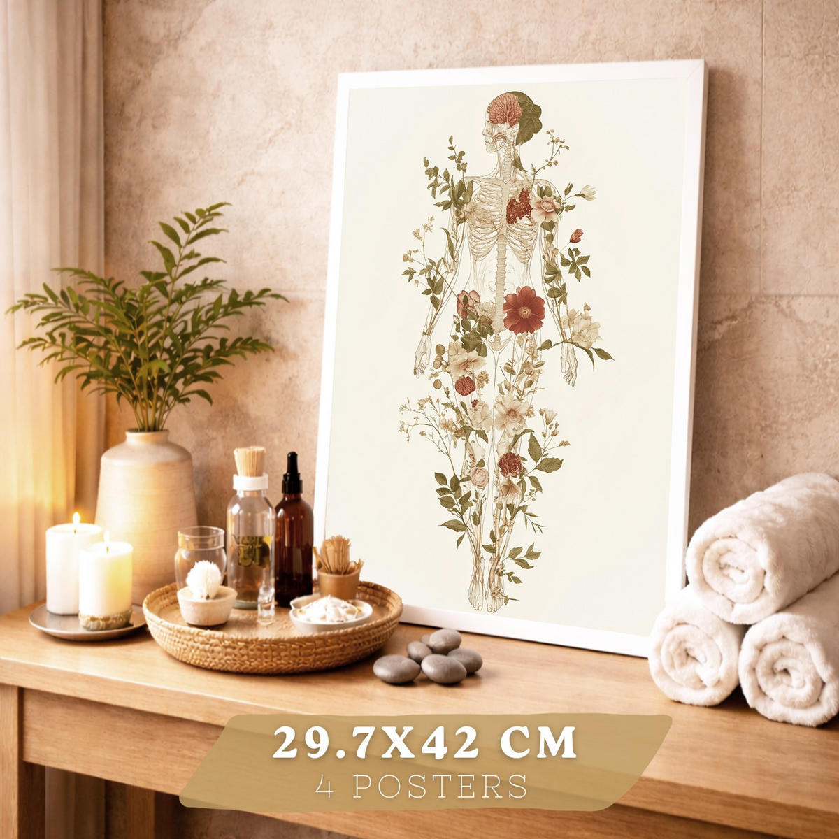 POSTER Set aus 4 Anatomie Mensch Dekorative Drucke und Wandbilder mit Blumen Ganzkörper Gehirn Hand und Herz Stil Größe Weißer Rahmen A3 - Weiß, Papier (29.7/42/3cm) - Nacnic