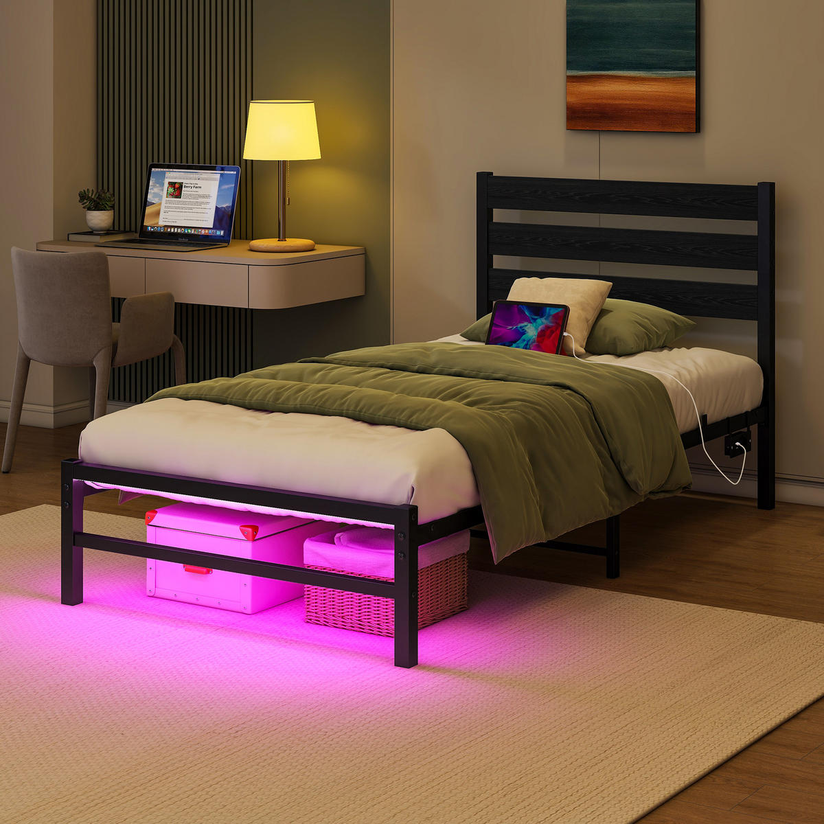 METALLBETT 90x200 cm LED USB Stauraum - Schwarz, Holzwerkstoff (90/200cm) - LEBENLANG