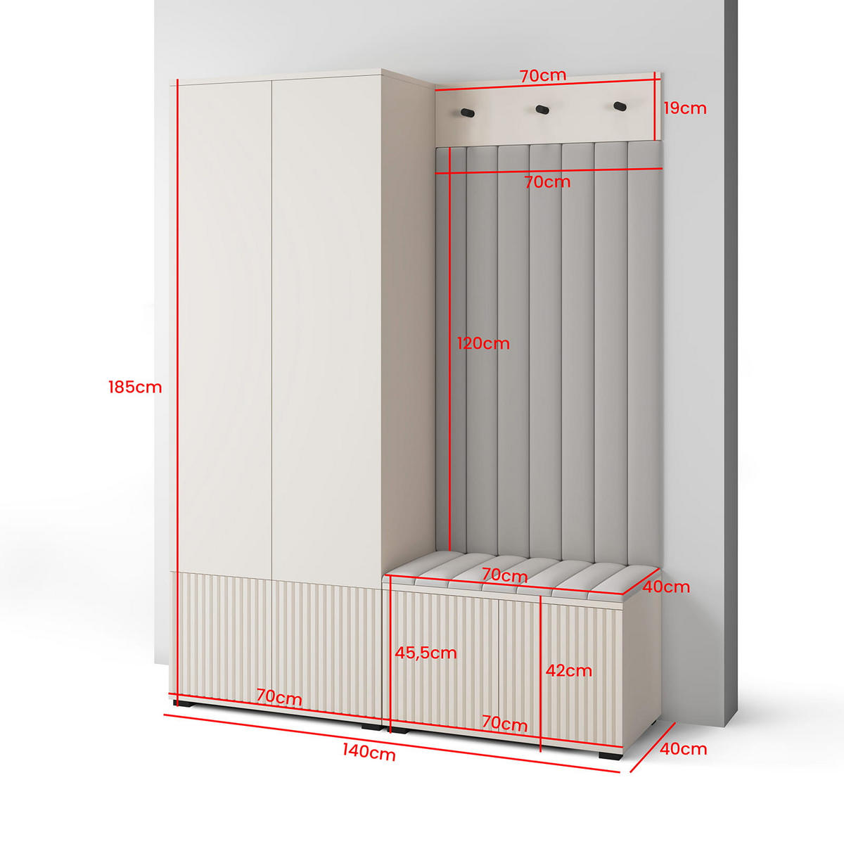GARDEROBE Ritmo version 1 mit POLSTERPANEELEN BRAUN - Beige/Braun, Holzwerkstoff (140/185/40cm) - Jerpax