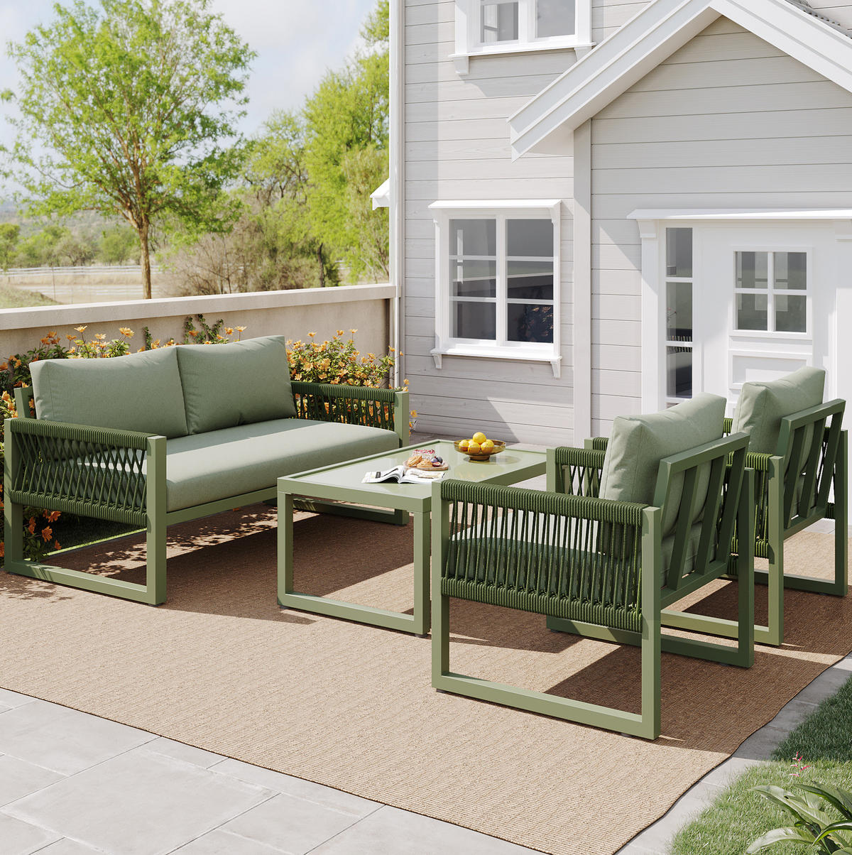 GARTEN-LOUNGE-SET mit Glas-Couchtisch & Seilgeflecht, 4-teilig, 126/65/72 cm, Grün - Grün, Metall - Redom
