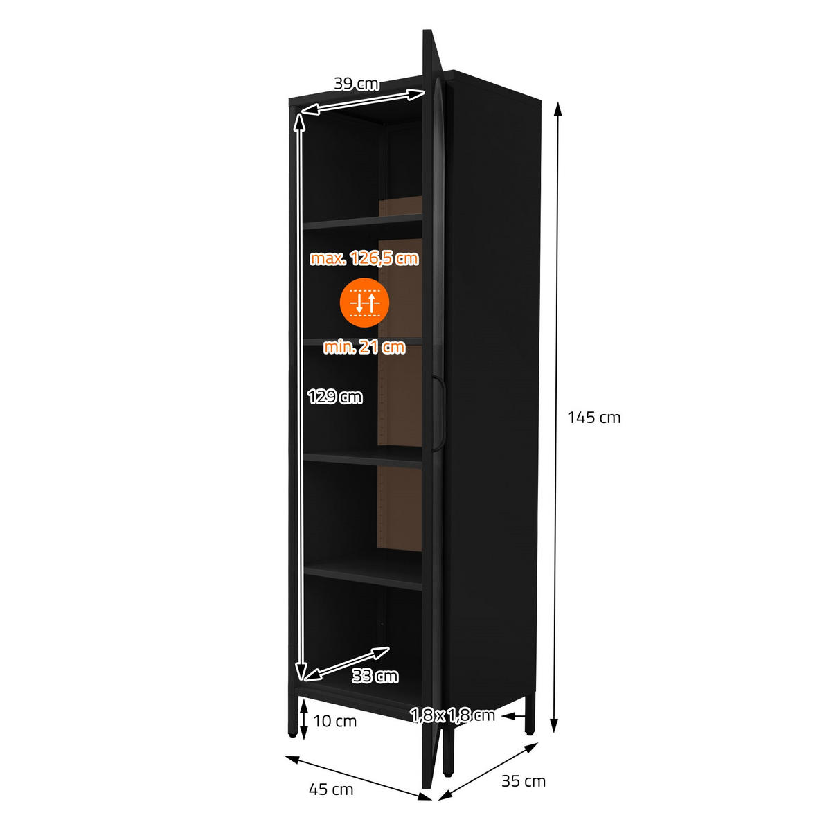 VITRINENSCHRANK 45x145x35 cm Schwarz aus Stahl - Schwarz, Metall (45/145/35cm) - ML-DESIGN