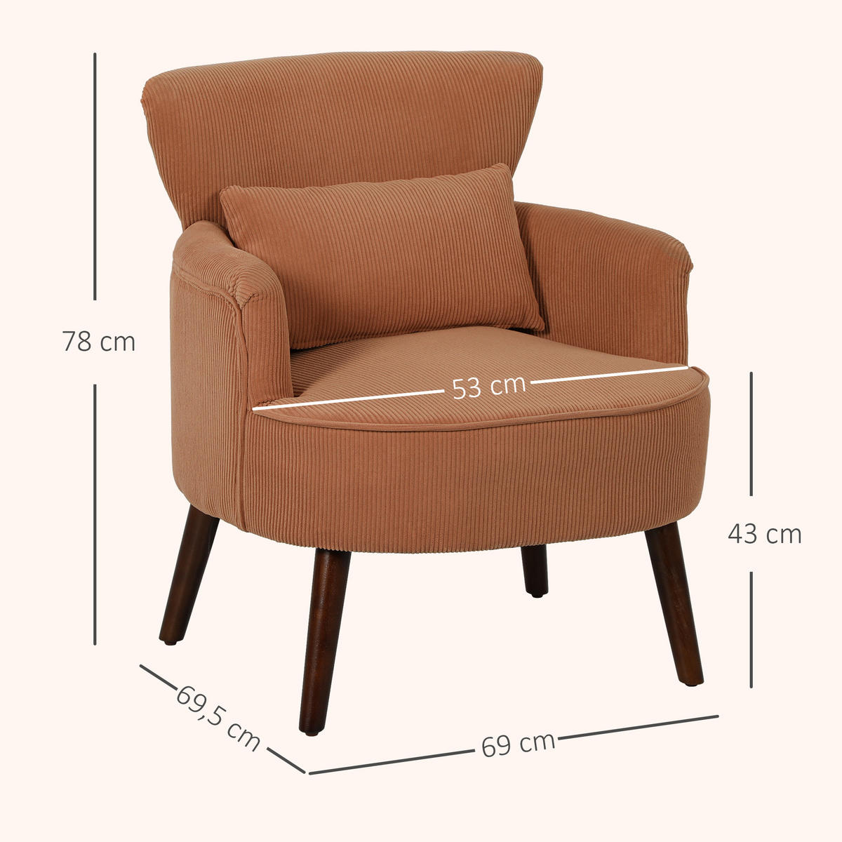 SESSEL mit Rückenlehne, abgerundeten Armlehnen Gepolstert Loungesessel Kordoptik - Orange/Braun, Textil (69/78/69.5cm) - HOMCOM