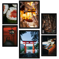 POSTER Set Mit 6 Japan Shushi Tokio & Zoll Vintage Töne A3 & A4 Schwarzer Rahmen - Schwarz, Papier (29/3cm) - Nacnic