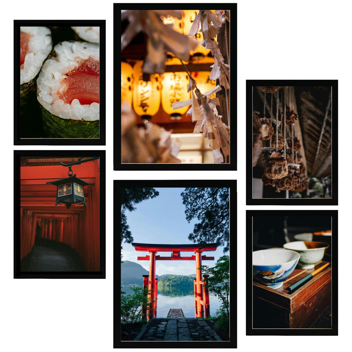 POSTER Set Mit 6 Japan Shushi Tokio & Zoll Vintage Töne A3 & A4 Schwarzer Rahmen - Schwarz, Papier (29/3cm) - Nacnic