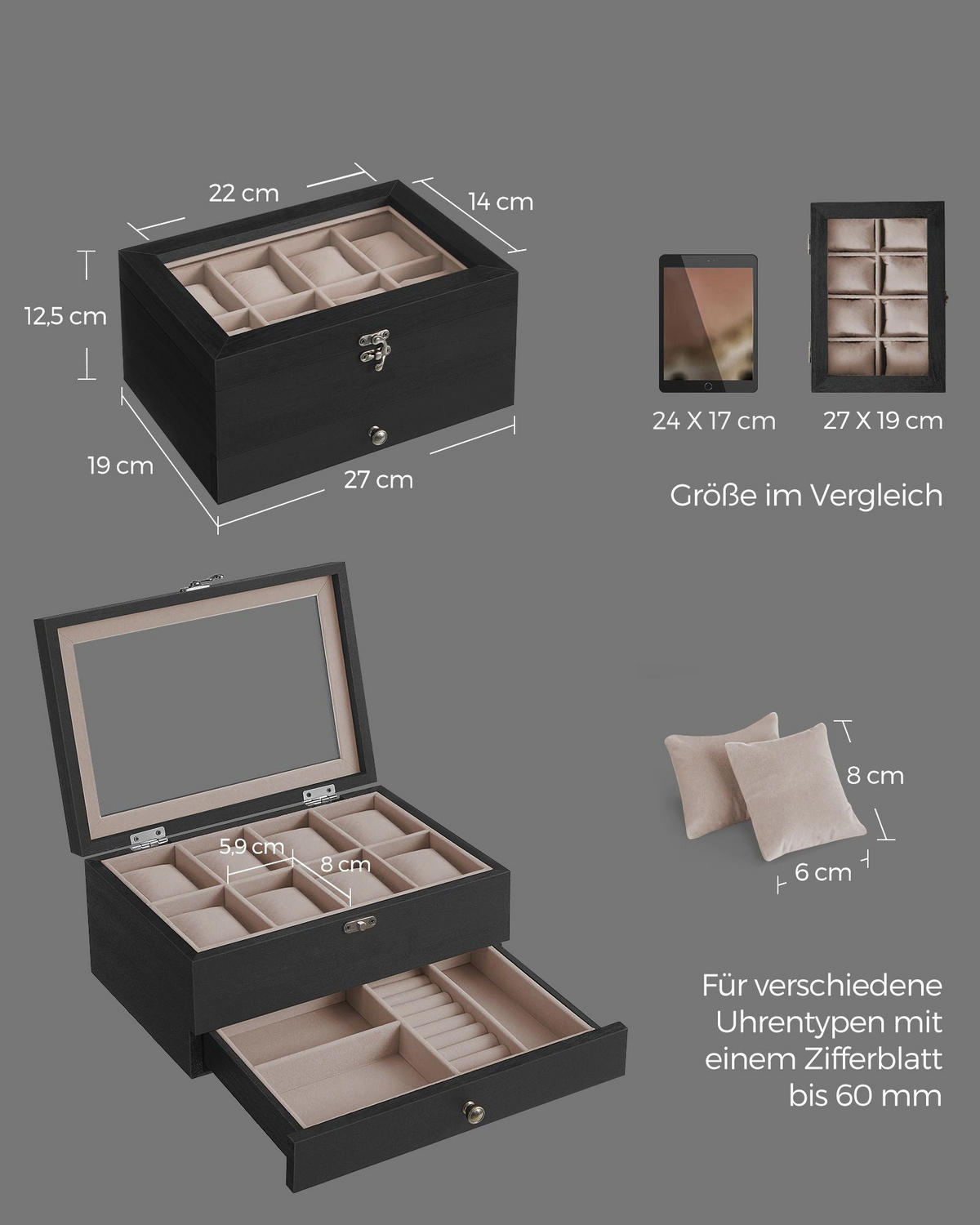 UHRENBOX VICTORIA - Eukalyptusholzfarben, Glas (27/12.5/19cm) - Hansiro