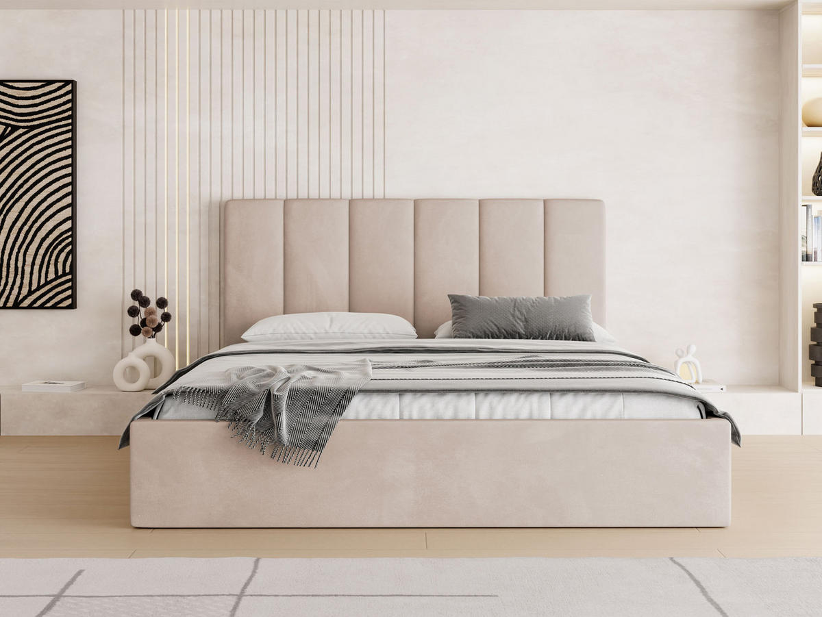POLSTERBETT Amira Slim mit Bettkasten, Beige Samt 140x200 cm - Ecru/Beige, Holz/Holzwerkstoff (140/200cm) - WFL GROUP