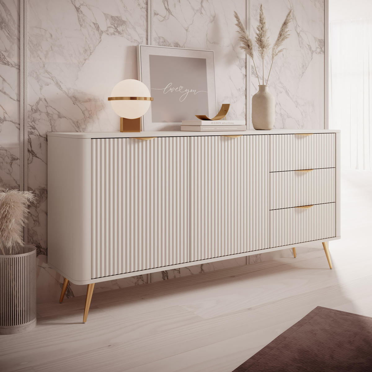 SIDEBOARD Vespasia 2T 3S Beige 163,2/81,2/38 cm – Geriffelten Fronten - Beige/Goldfarben, Holzwerkstoff/Metall (163.2/81.2/38cm) - AX Living