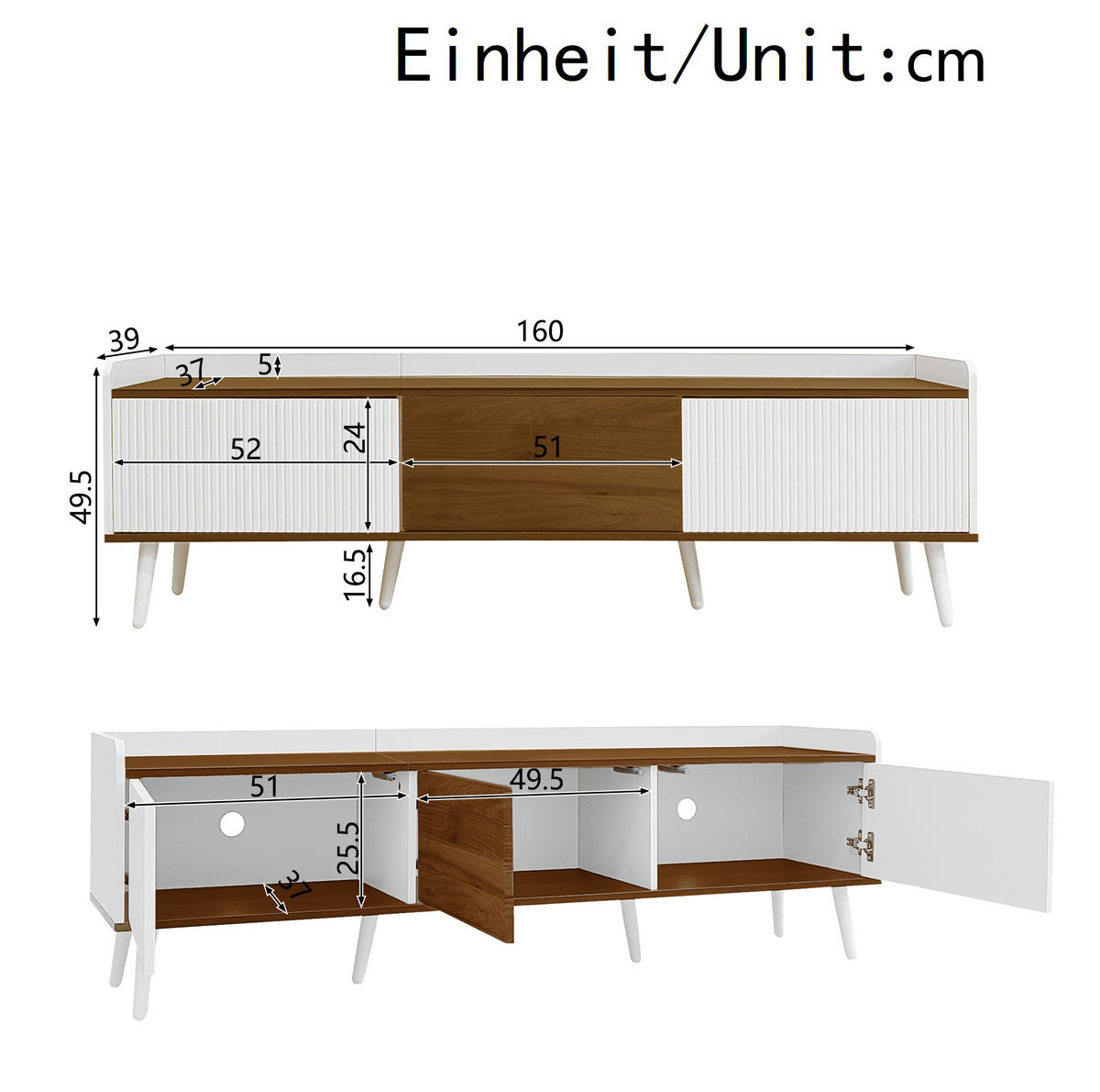 TV-SCHRANK 160/39/49,5 cm Weiß und Natur MDF mit 3 Türen und stabilem Holzfuß - Weiß, Holzwerkstoff (160/49.5/39cm) - OKWISH