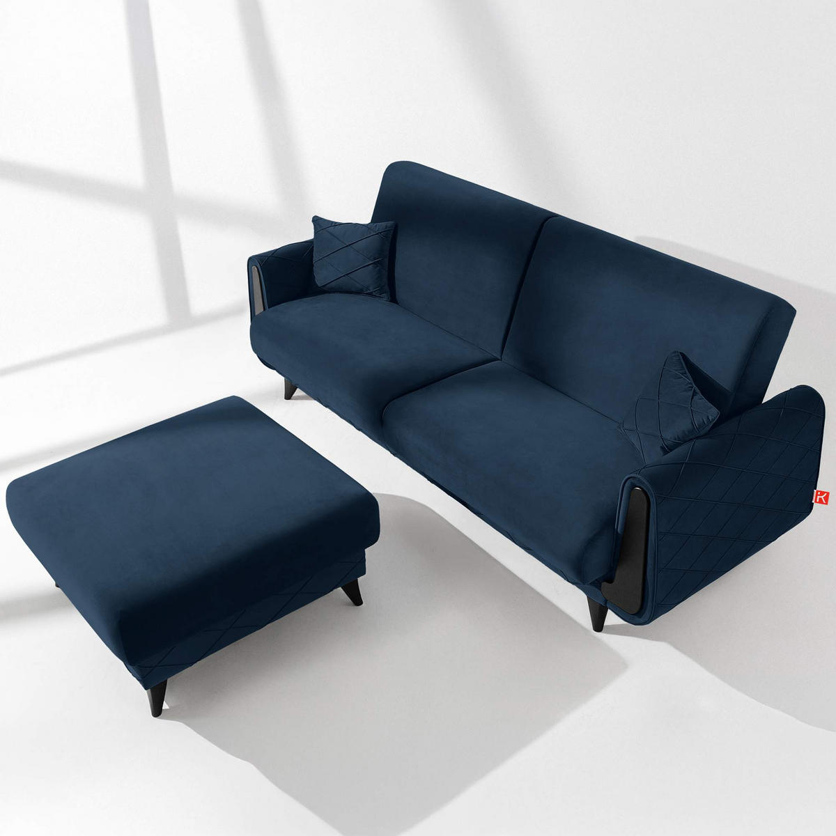 POUF GUSTAVO III Velours, Dunkelblau - Dunkelblau, Holz/Holzwerkstoff (92/49/92cm) - KONSIMO®