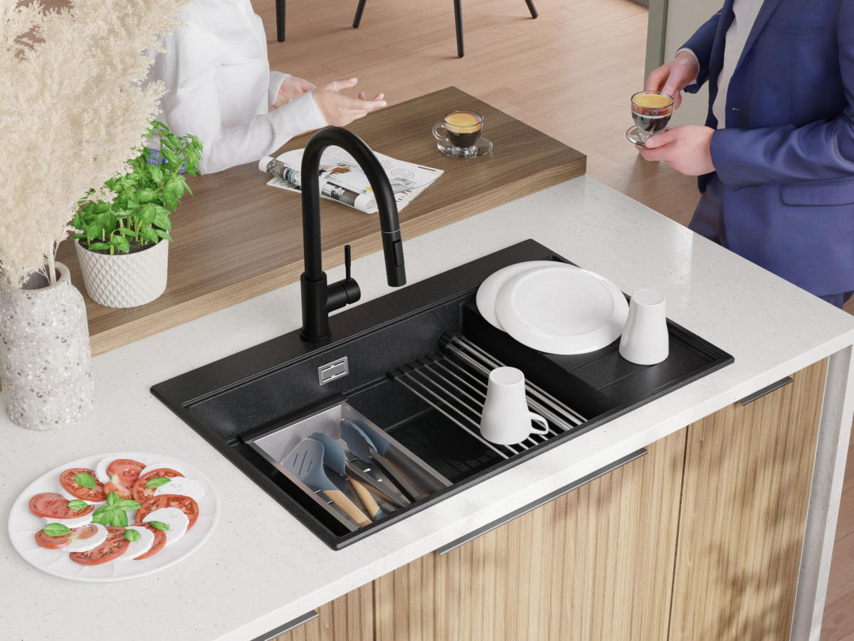 SPÜLBECKEN Sydney, 2-er set Anthrazit 78/50 cm 1 Becken + Ablauf-Set + Küchenzubehörset ab 60er Unterschrank - Chromfarben/Anthrazit, Kunststoff (78/20/50cm) - Primagran