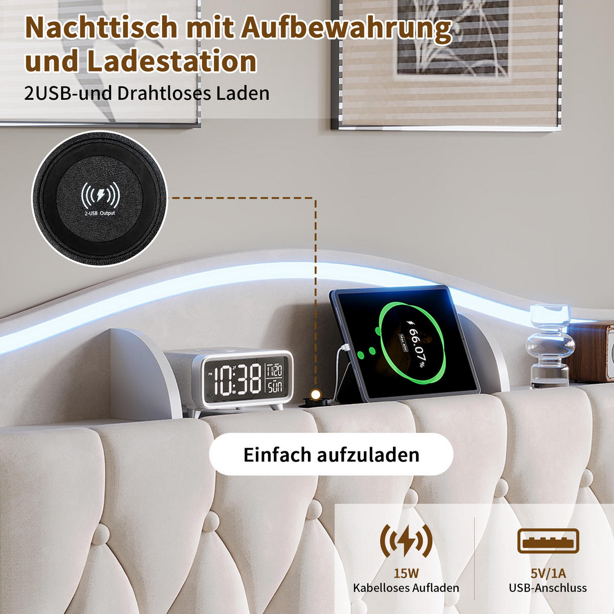 POLSTERBETT 140x200 cm mit Bettkasten, LED & USB, Doppelbett mit Kopfteil Stauraum und kabellosem Laden, Beige - Beige, Metall (140/200cm) - EuroLiving