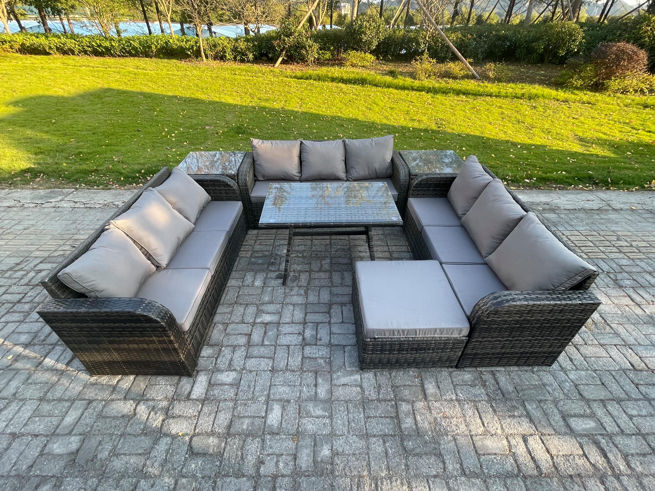 GARTENMÖBELSET mit ESSTISCH, 3-SITZER SOFA Polyrattan 10-Sitzer - Dunkelgrau/Grau, Glas/Kunststoff - Fimous