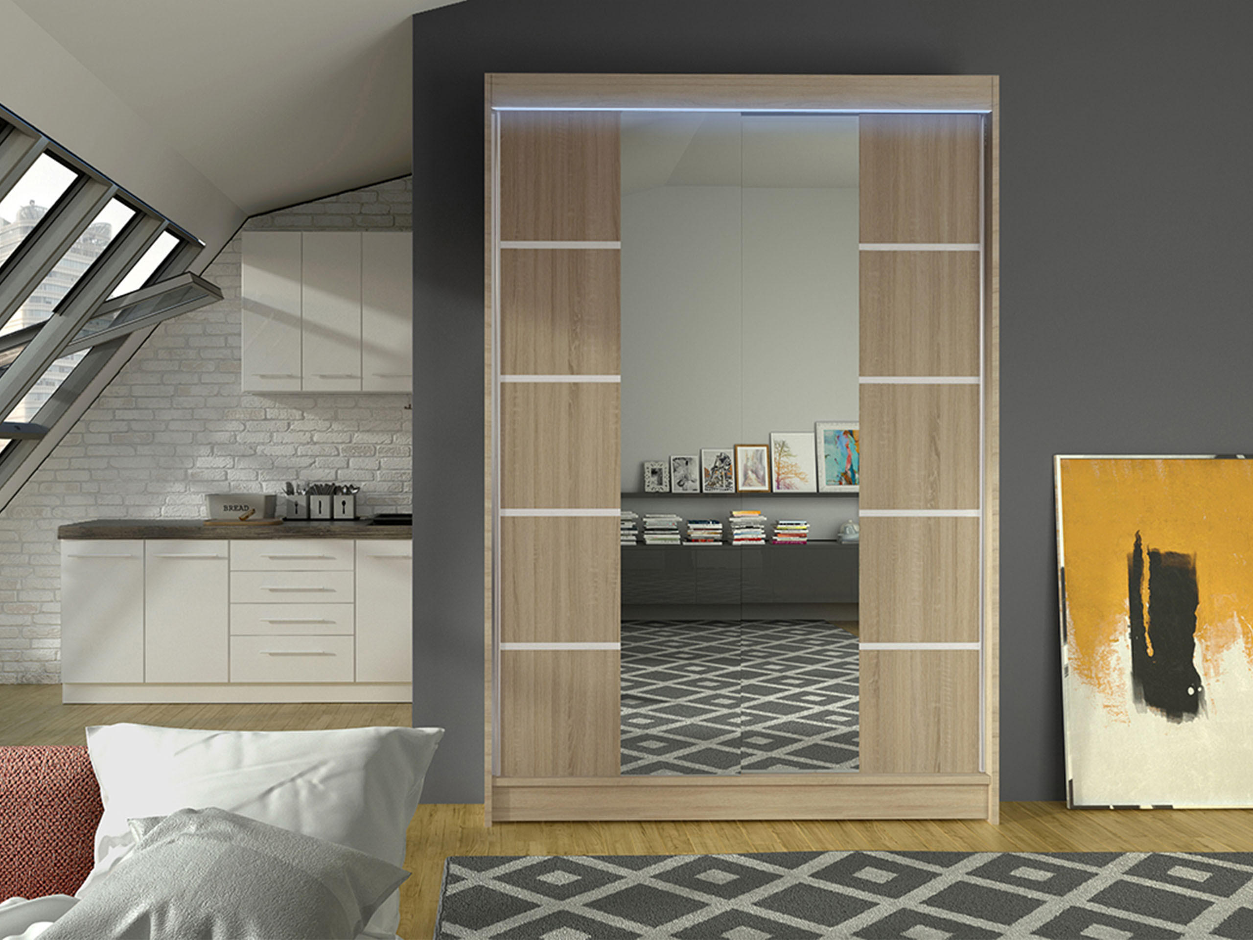 SCHWEBETÜRENSCHRANK Lino V mit RGB LED Beleuchtung - Sonoma Eiche, Holzwerkstoff/Metall (120/200/58cm) - MIRJAN24