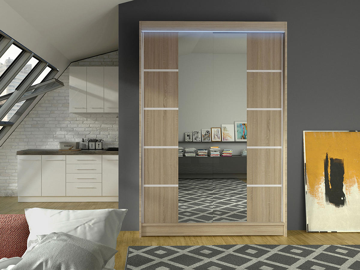 SCHWEBETÜRENSCHRANK Lino V mit RGB LED Beleuchtung - Sonoma Eiche, Holzwerkstoff/Metall (120/200/58cm) - MIRJAN24