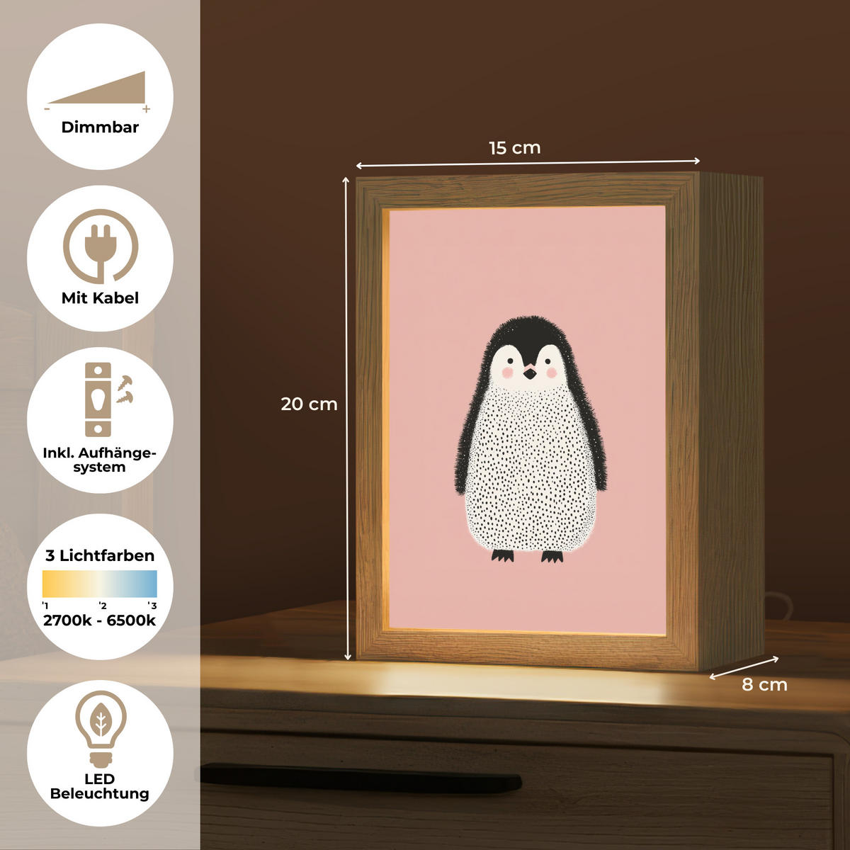 NACHTTISCHLAMPE Pinguin - Punkte - Minimalistisch - Rosa 15x20 cm - Rosa, Holzwerkstoff (8/15/20cm)