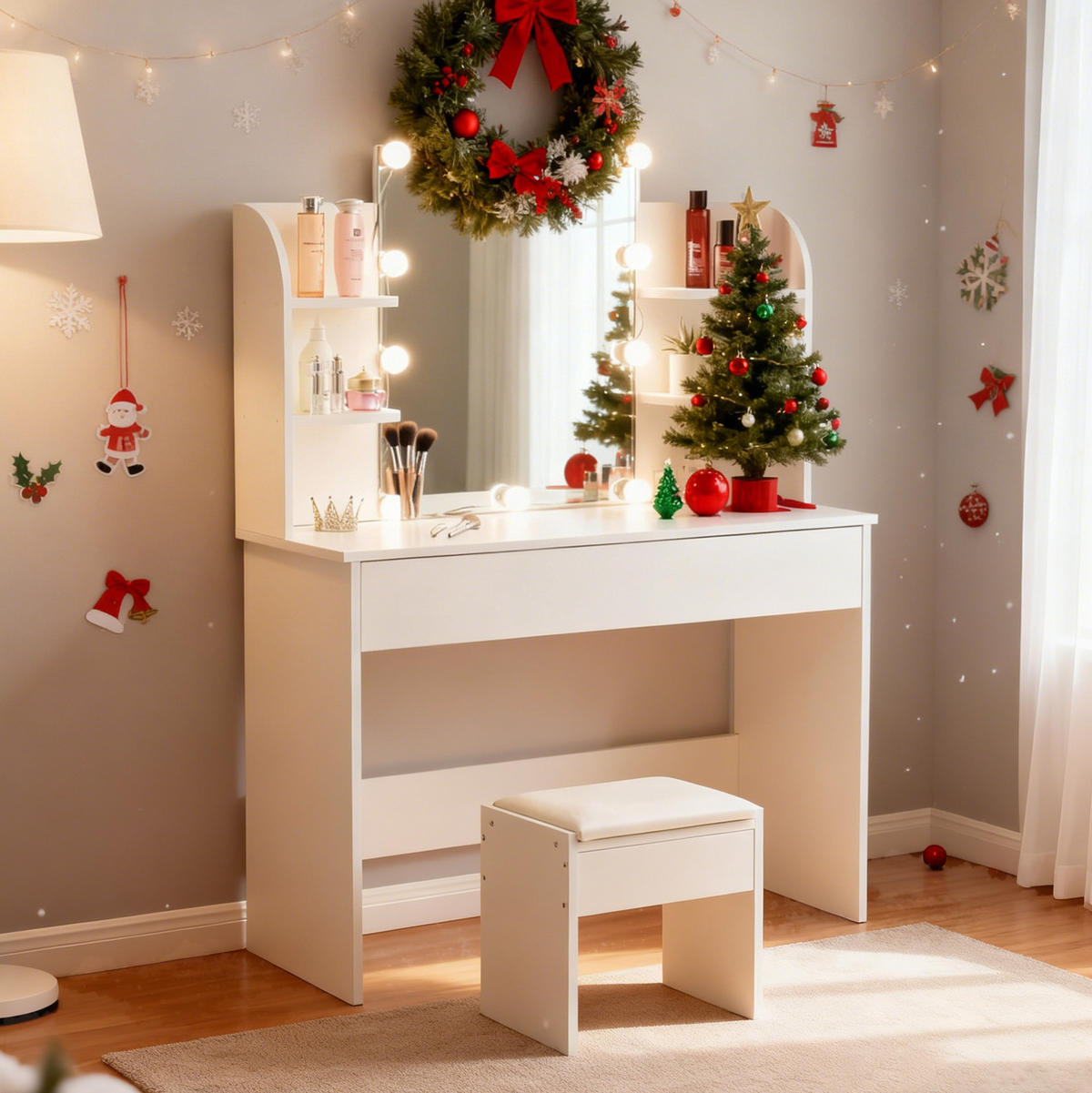 SCHMINKTISCH 40/105/130 cm Weiß aus MDF mit LED-Beleuchtung und Hocker - Weiß, Holzwerkstoff (40/130/105cm) - OKWISH