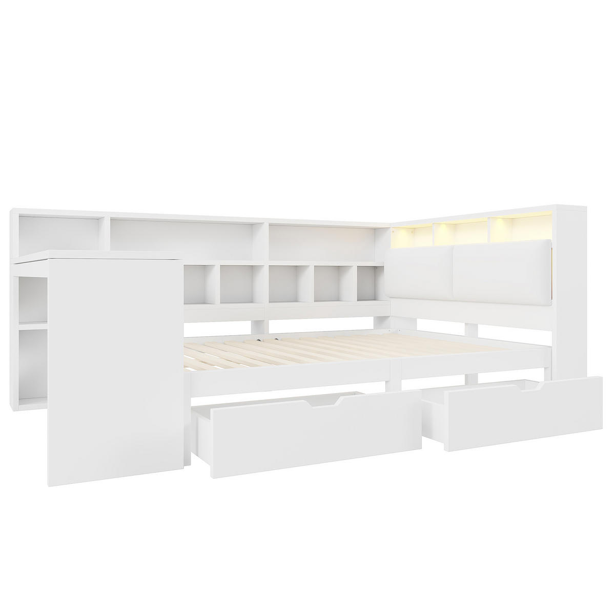 BETT 140/200 cm in Weiß mit Schubladen, LED und Schreibtisch - Weiß, Holzwerkstoff/Textil (140/200cm) - WISHDOR