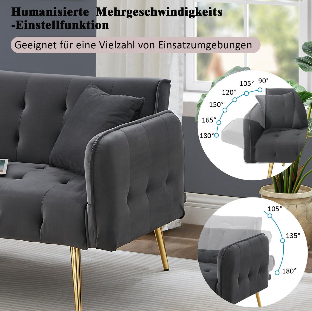 SOFABETT Zweisitzer Samt 2-in-1 mit verstellbarer Rückenlehne Antikgrau 178/82/70 cm - Grau, Textil (82/70/178cm) - Redom