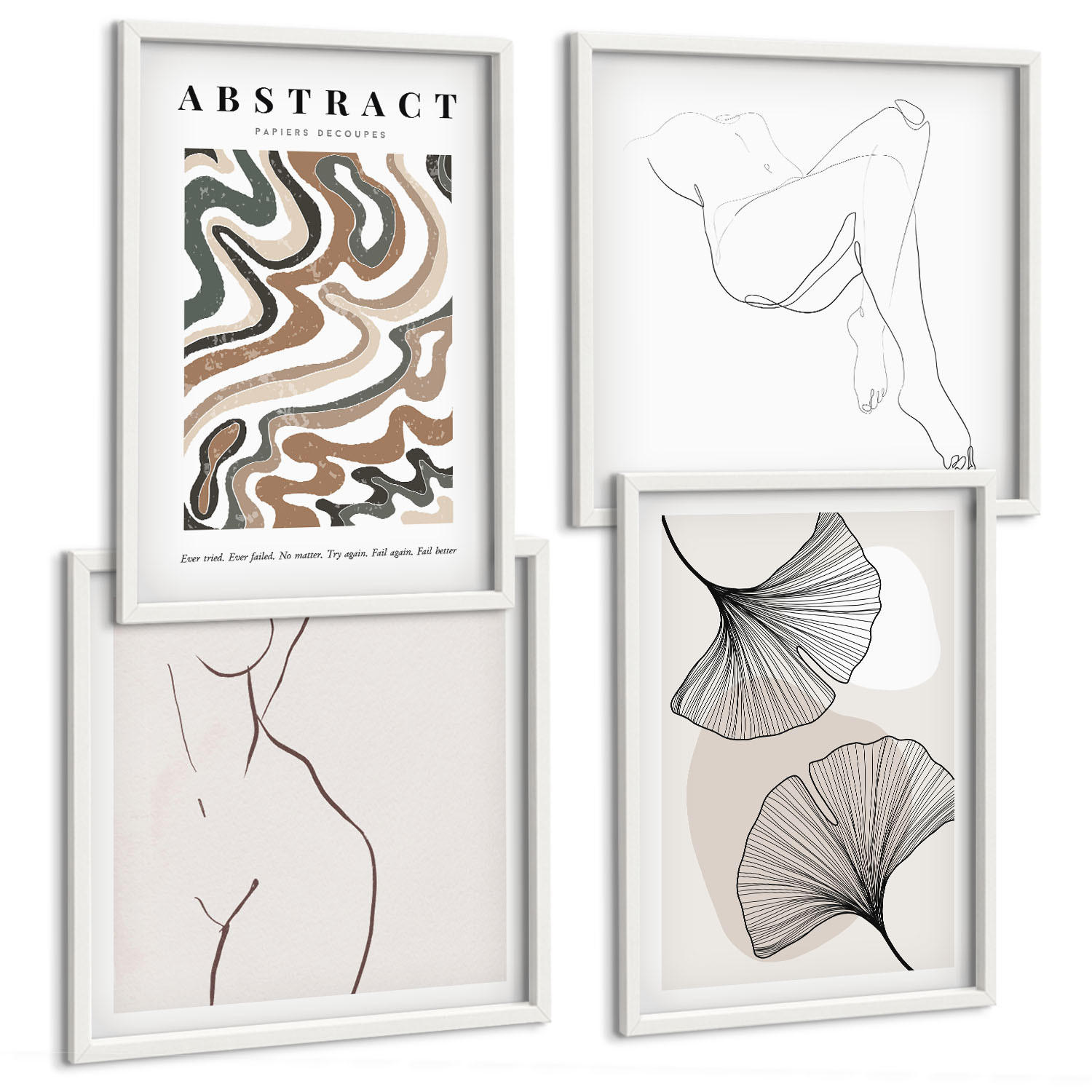 BILDER SET 4er Set - 50x50 cm & 40x60 cm Weißer Rahmen - Abstrakte Boho-Blattformen - Weiß, Kunststoff (50/50cm) - TULUP