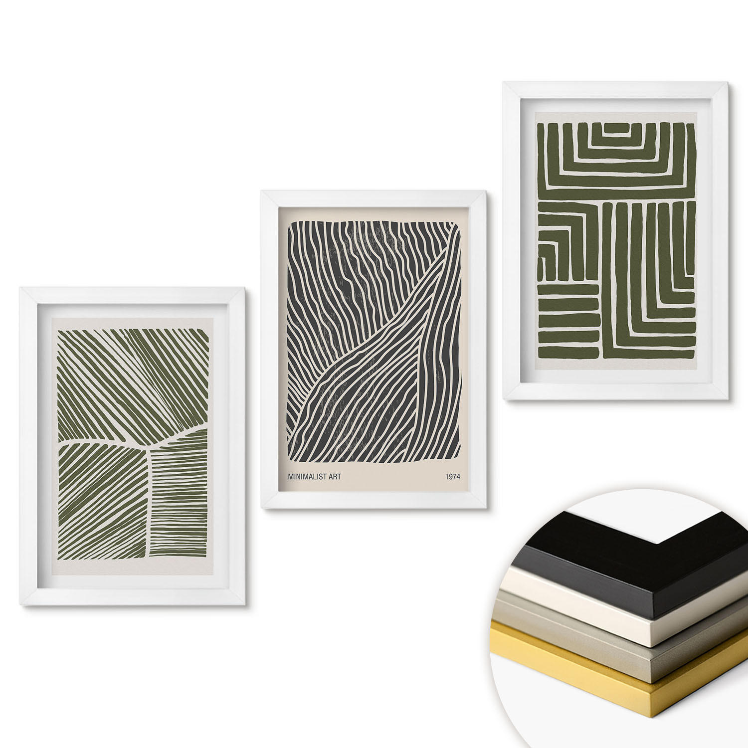 WANDBILDER 3er-Set - 20x30 cm Weißer Rahmen - Muster Linien Formen grün - Weiß, Kunststoff (20/30cm) - ArtPrintCave