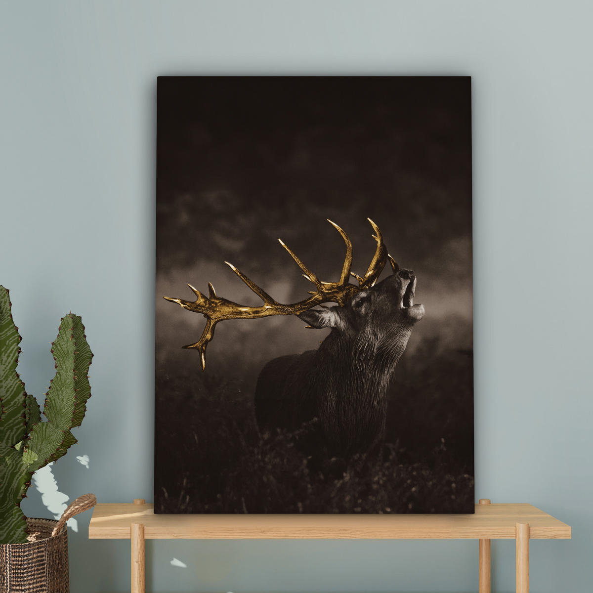 LEINWANDBILD Rotwild - Schwarz - Gold Wandbild Wohnzimmer 60x80 cm - Braun, Textil (60/80cm) - MuchoWow