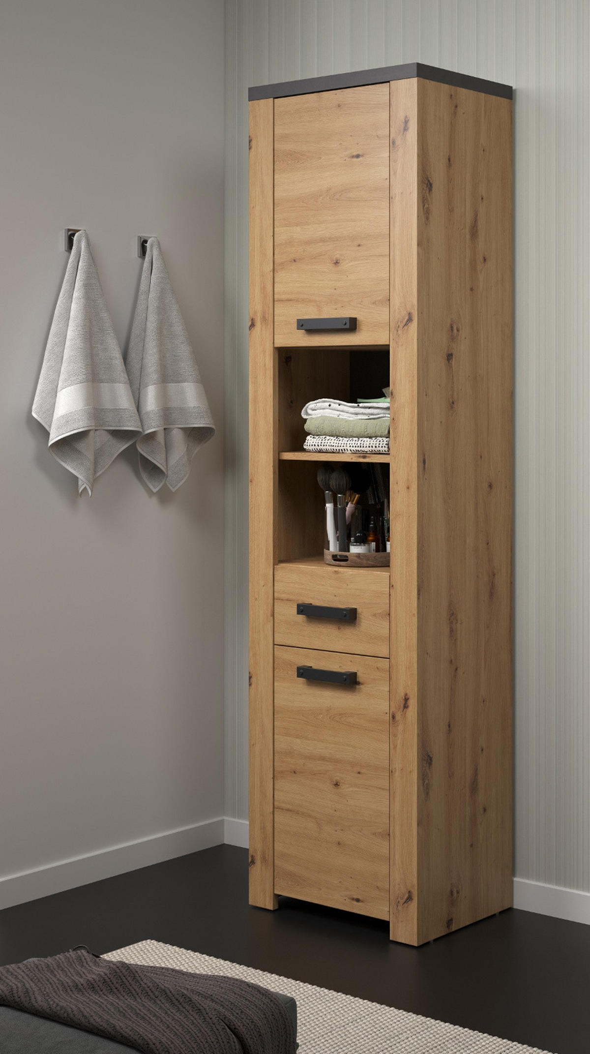 HOCHSCHRANK Eiche Artisan, grau 53 x 196 cm, Badschrank Türanschlag wechselbar - Eichefarben/Schwarz, Holzwerkstoff/Kunststoff (53/196/35cm) - Top.Furn