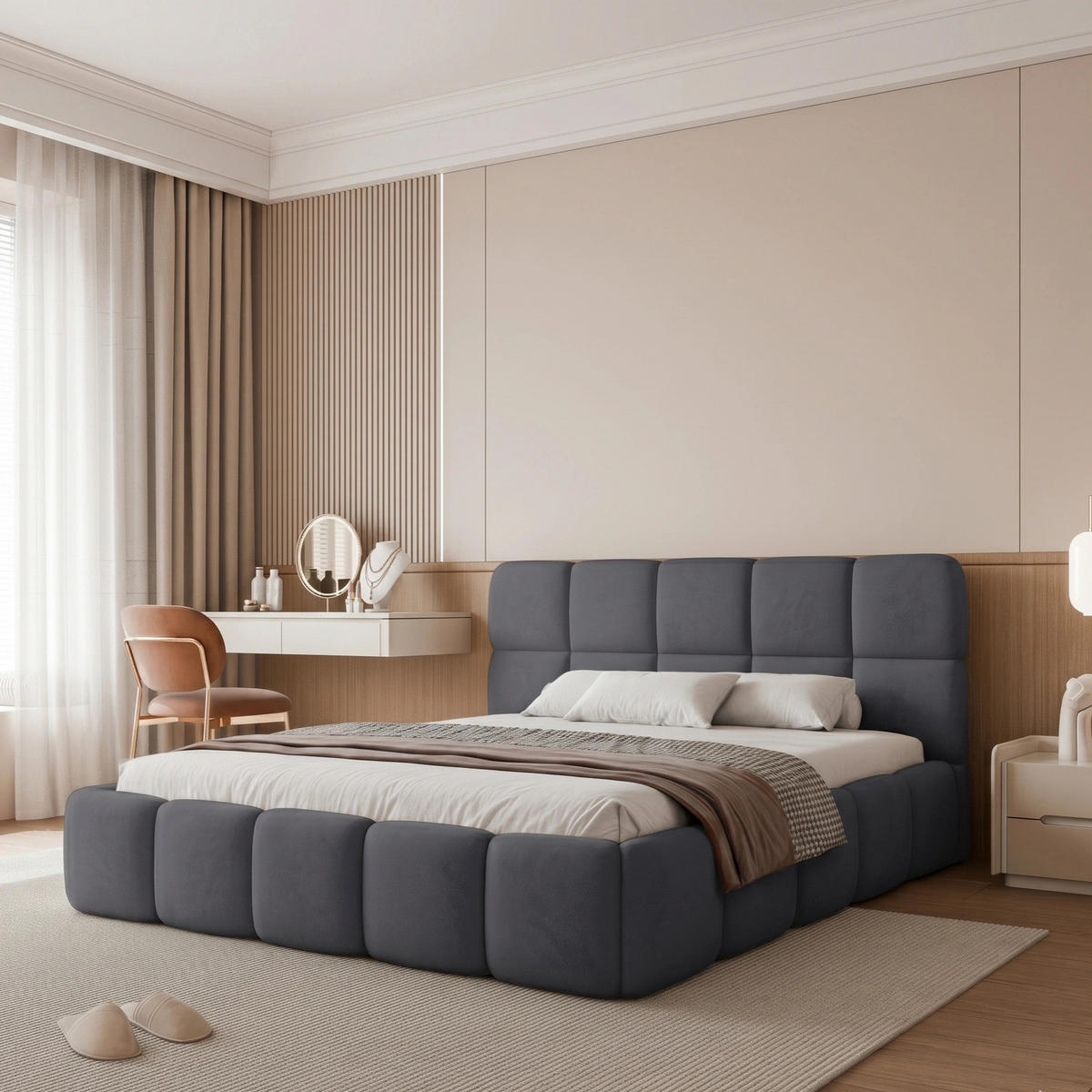 POLSTERBETT CERETTO 180x200 cm Dunkelgrau Velours (Stoff Jasmine 96) - mit Bettkasten und Holzlattenrost - Dunkelgrau, Holzwerkstoff/Textil (180/200cm) - Ravio