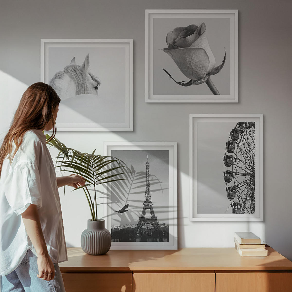 WANDBILDER 4er-Set - 50x50 cm & 40x60 cm Weißer Rahmen - Rose Eiffelturm Pferd Riesenrad S/W - Weiß, Kunststoff (50/50cm) - ArtPrintCave