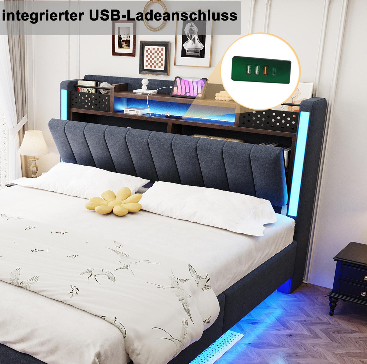 POLSTERBETT 140/200 cm mit LED-Beleuchtung, USB-Anschluss und Kopfteil mit Stauraum, Grau - Grau, Textil (140/200cm) - Redom