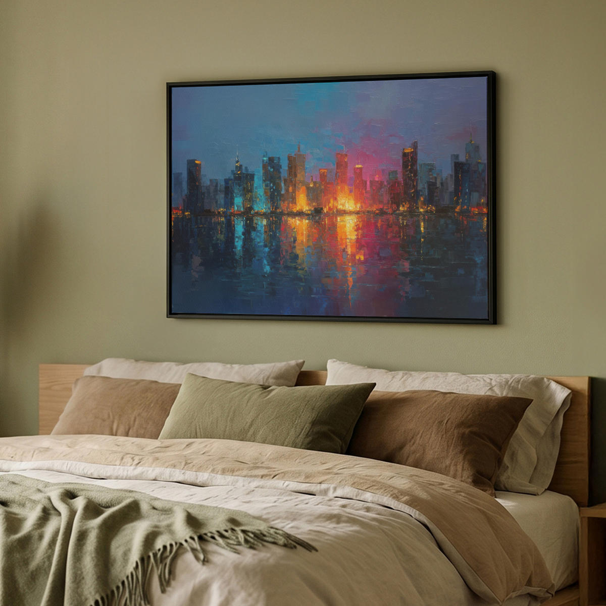 LEINWAND Bilder mit Rahmen - Skyline - Pinselstriche - Dunkelblau - Leuchtend - 100x70 - Blau, Textil (100/70cm) - MuchoWow
