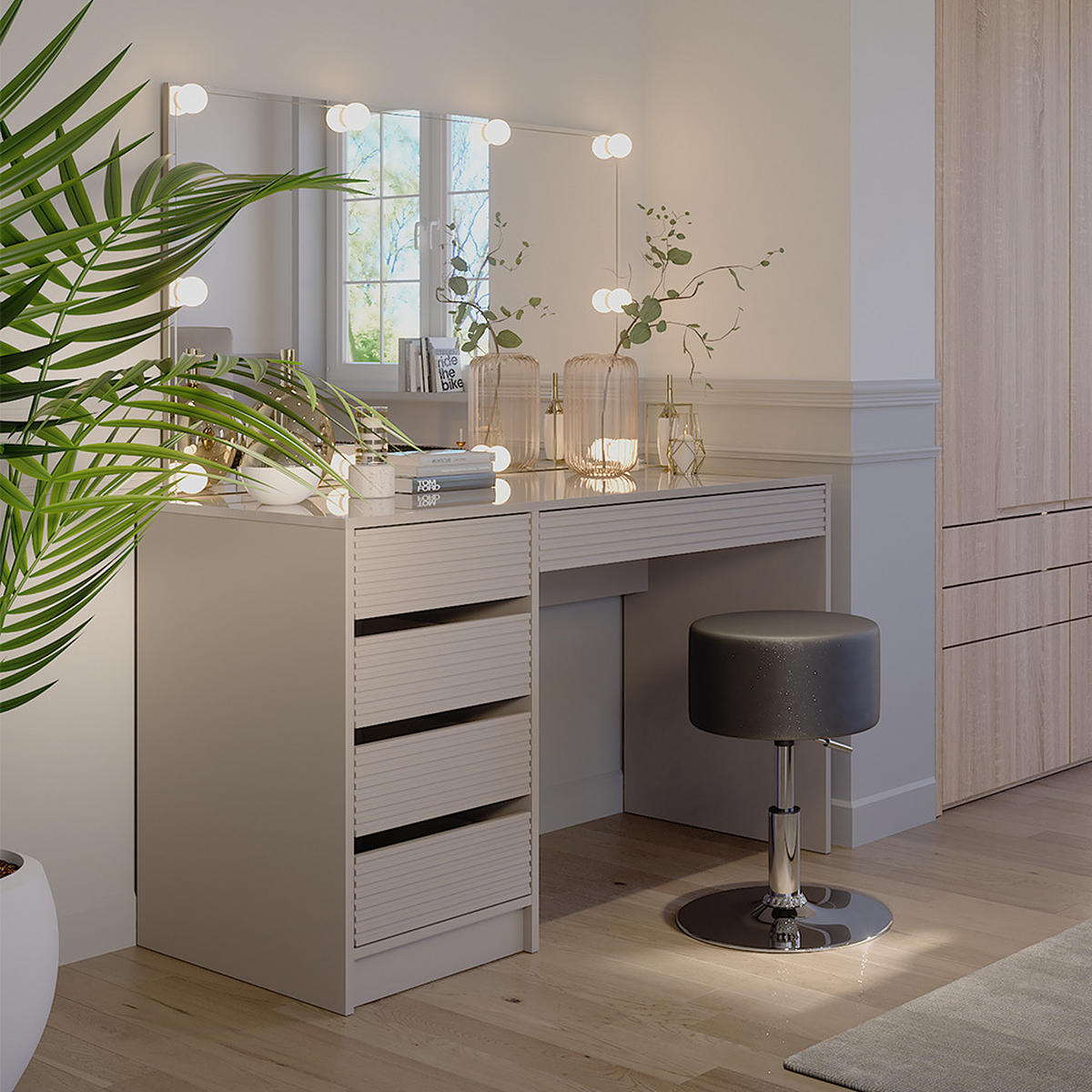 SCHMINKTISCH Sherry Cashmere 120 cm mit Spiegel, Hocker & LED-Beleuchtung - Kaschmir, Holzwerkstoff (120/75/55cm) - Vicco