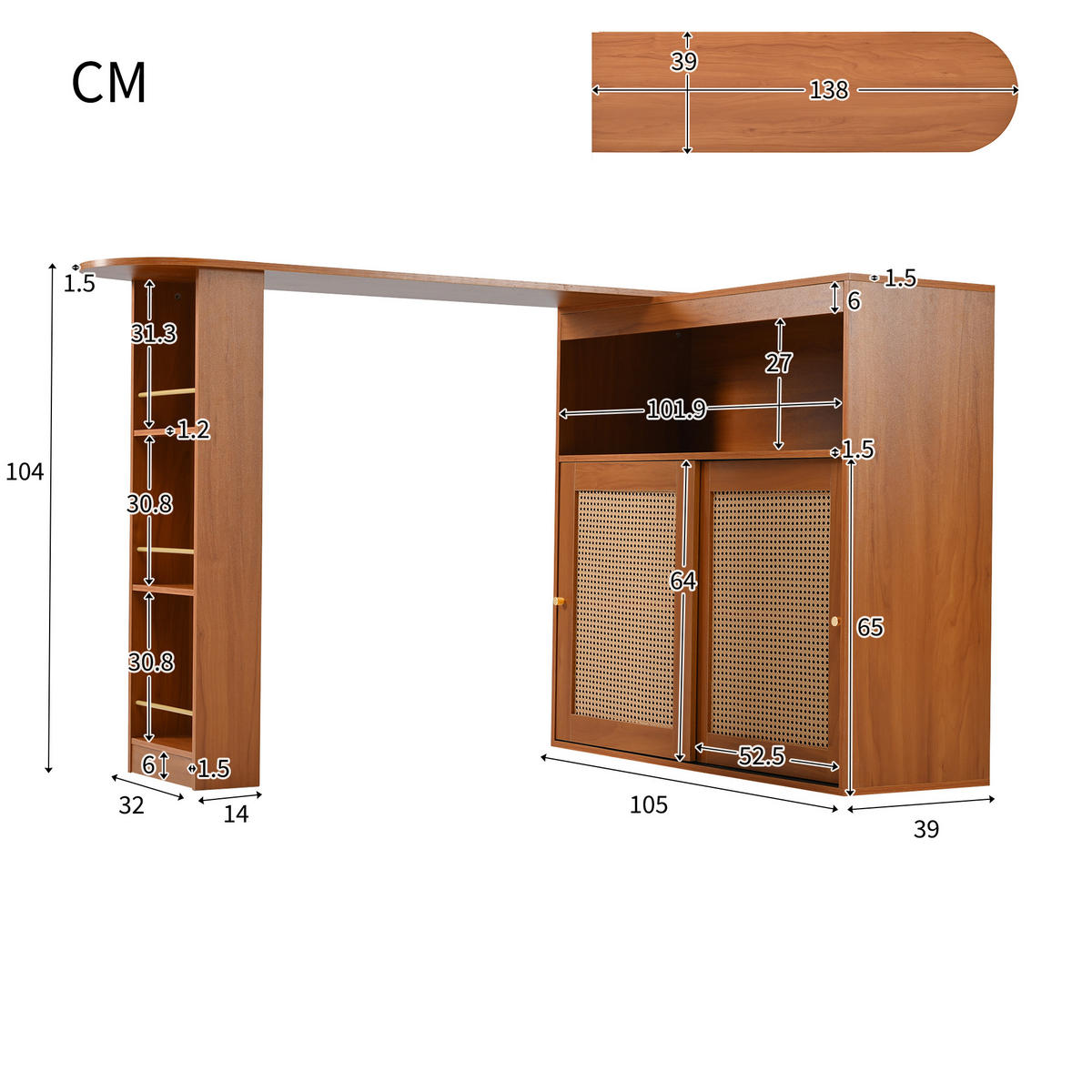 BARTISCH Braun 138-193/39/104 cm - Braun, Holzwerkstoff (39/104/193cm) - Urban Meuble