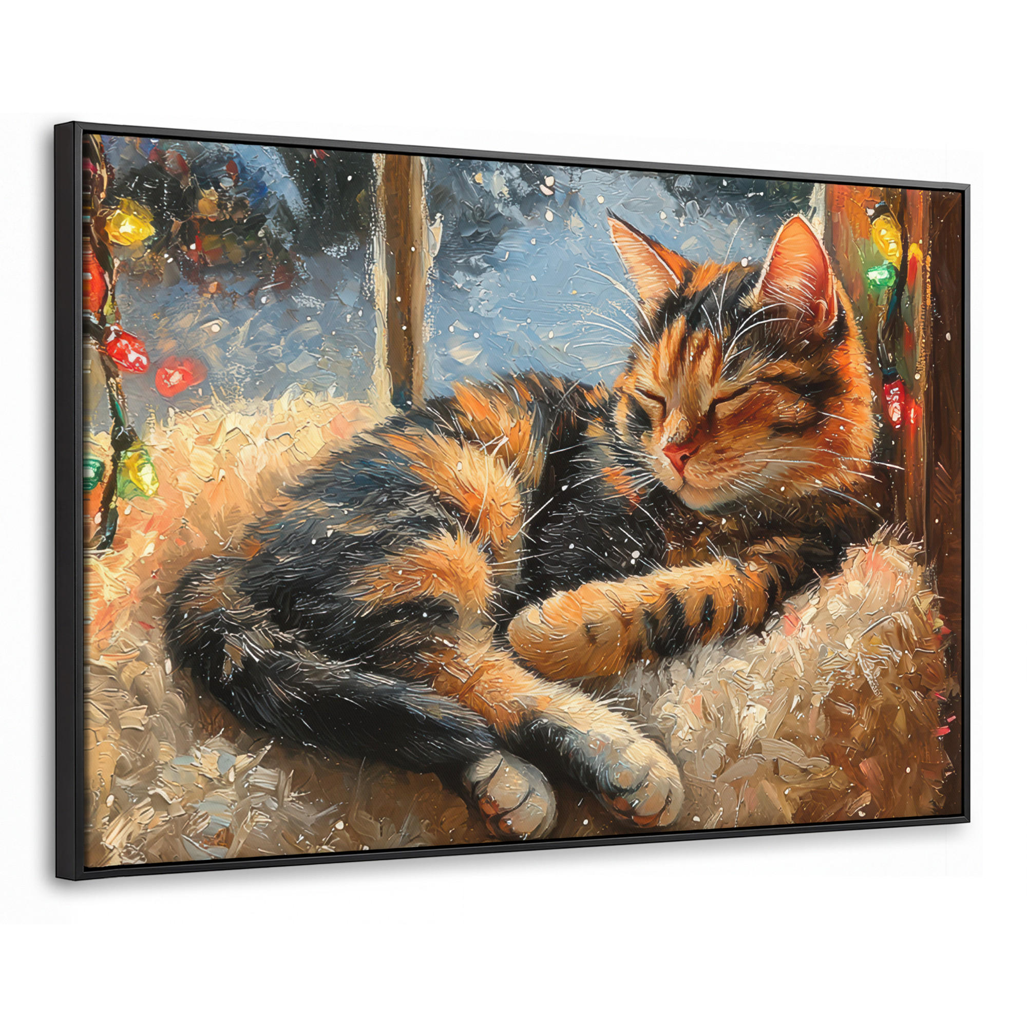 LEINWAND Bilder mit Rahmen - Katze - Weihnachten - Winter - Tier - 90x60 - Bernsteinfarben, Textil (90/60cm) - MuchoWow