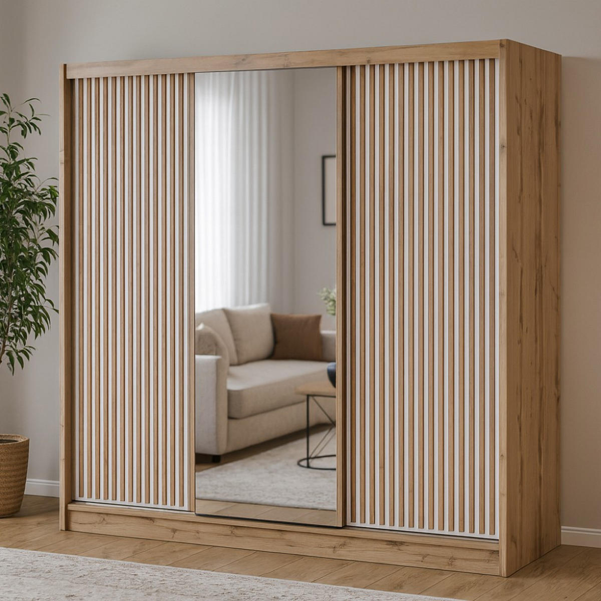 SCHWEBETÜRENSCHRANK Leroy mit Spiegel und Lamellen, 250 cm, Weiß+eiche Wotan - Eiche Wotan/Weiß, Holzwerkstoff (250/215/60.5cm) - Beautysofa