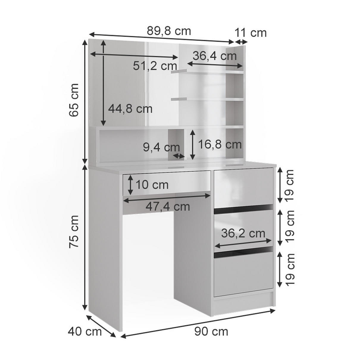 SCHMINKTISCH Sherry Weiß 90 cm mit Spiegel - Weiß, Holzwerkstoff (40/75/140cm) - Vicco