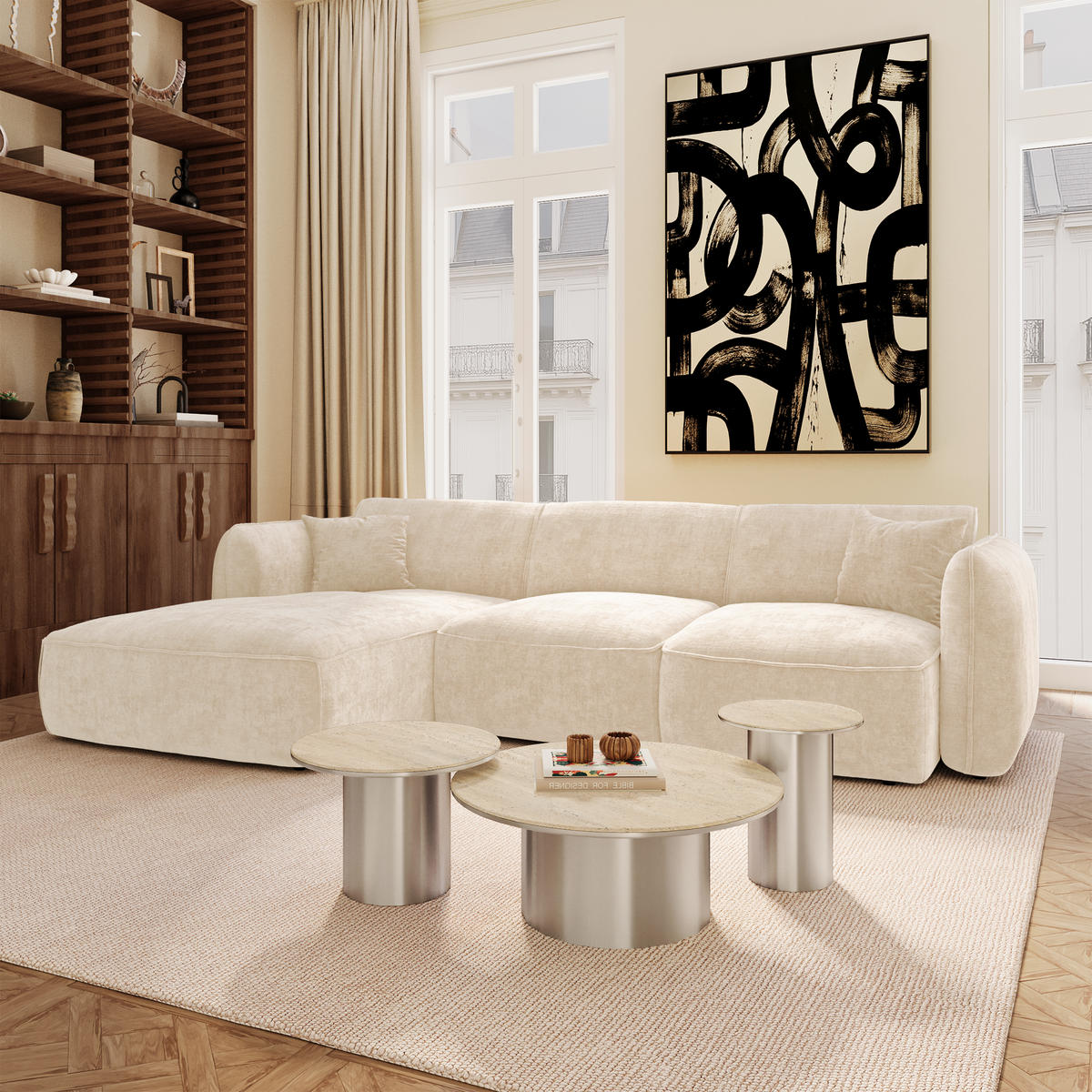 ECKSOFA (links) LOMI Geprägter Samt Creme 272cm - Creme, Textil (272/90cm) - Premium Interiors