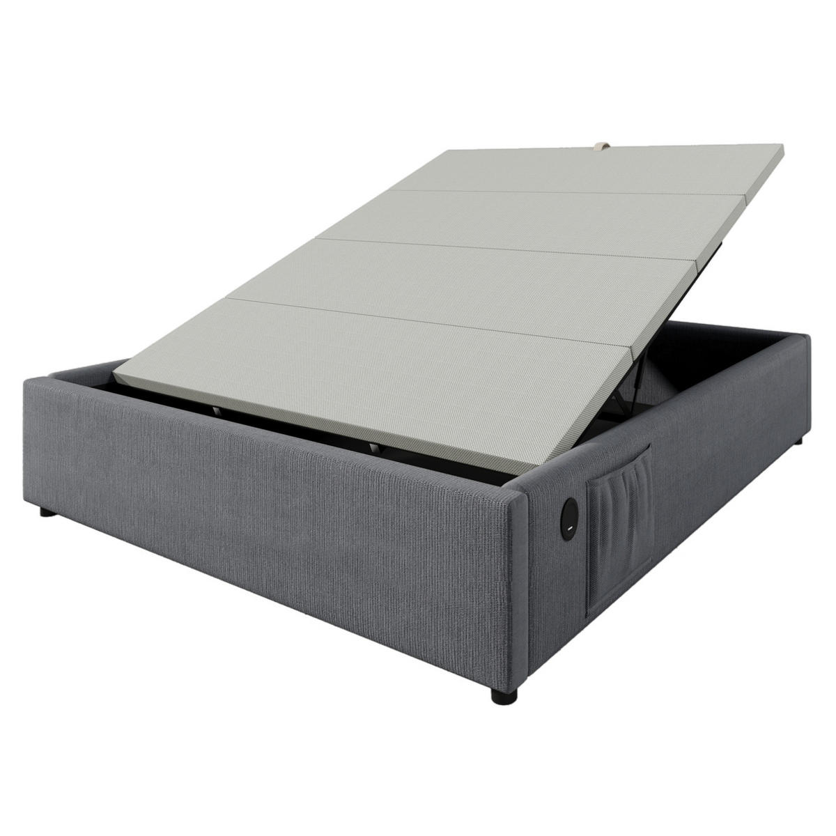 POLSTERBETT 160/200 cm mit USB-C, hydraulischem Stauraum und Voll -Bettboden aus Baumwoll-Leinen, Grau - Grau, Textil (160/200cm) - Redom