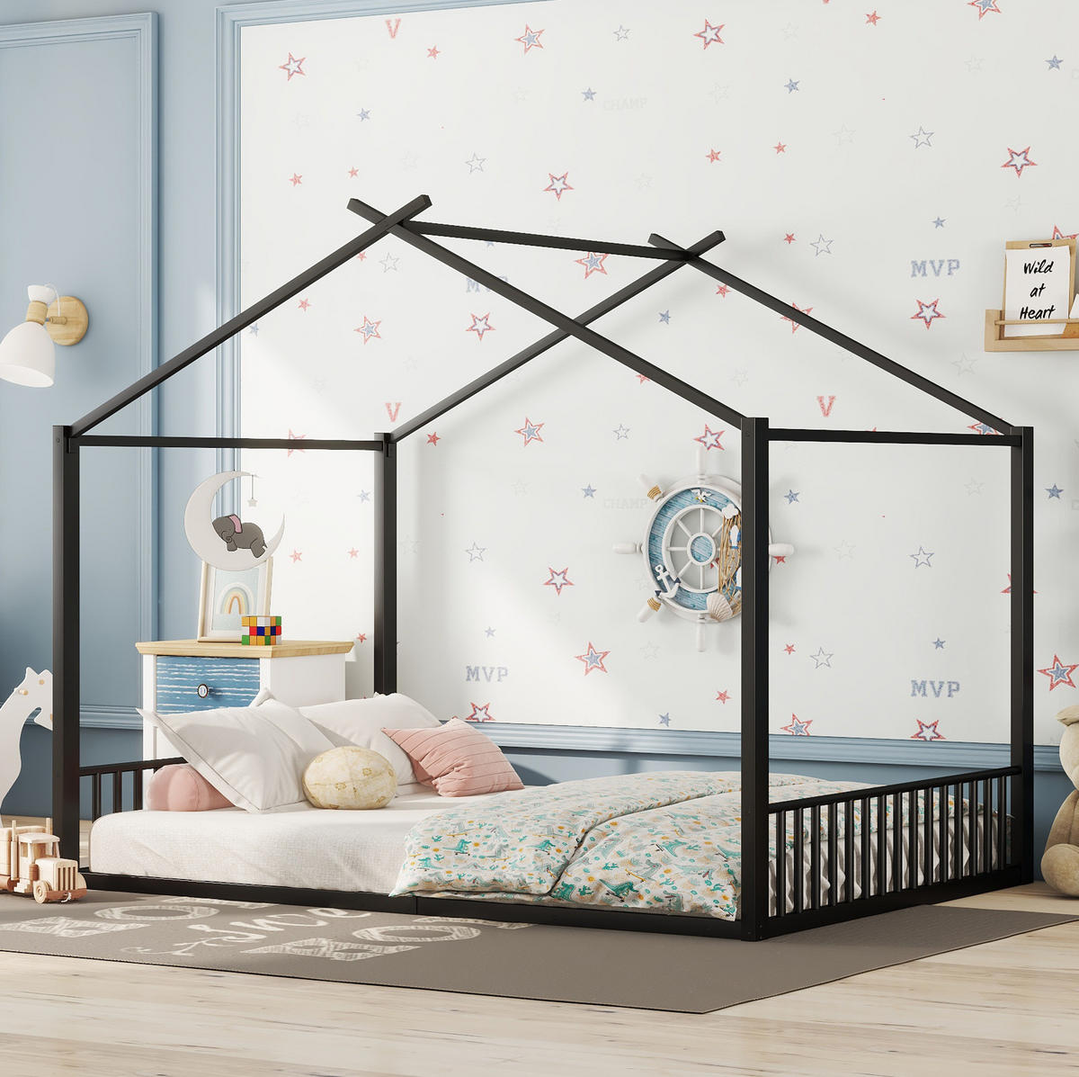 HAUSBETT 140/200 cm Schwarz aus Metall in Hausform - Schwarz, Metall (140/200cm) - OKMYHOME