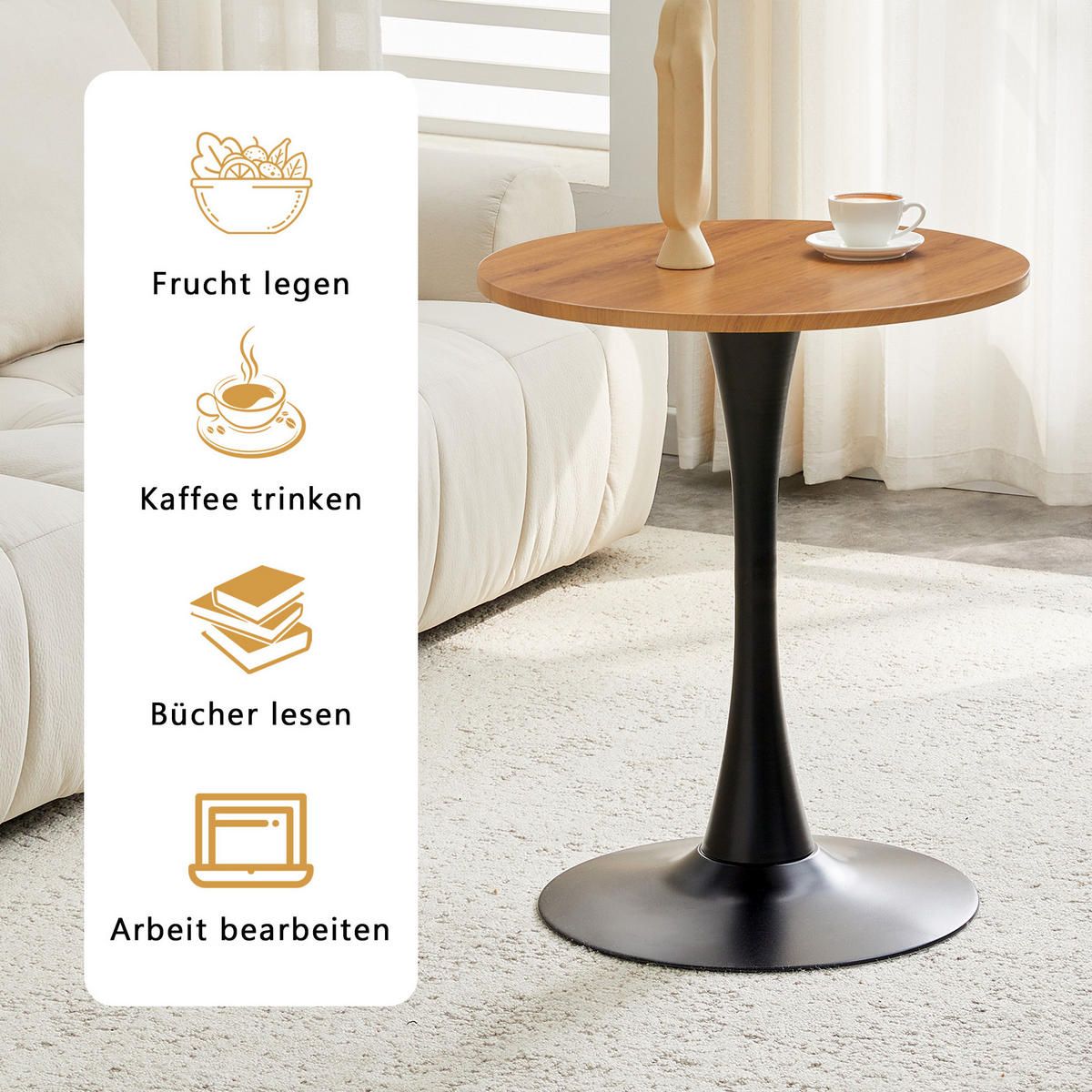 BEISTELLTISCH 60/60/72 cm mit runder Tischplatte, Thermoform-Oberfläche und stabilem Metallfuß, Schwarz/Holzfarben - Naturfarben, Holzwerkstoff (60/60/72cm) - Redom