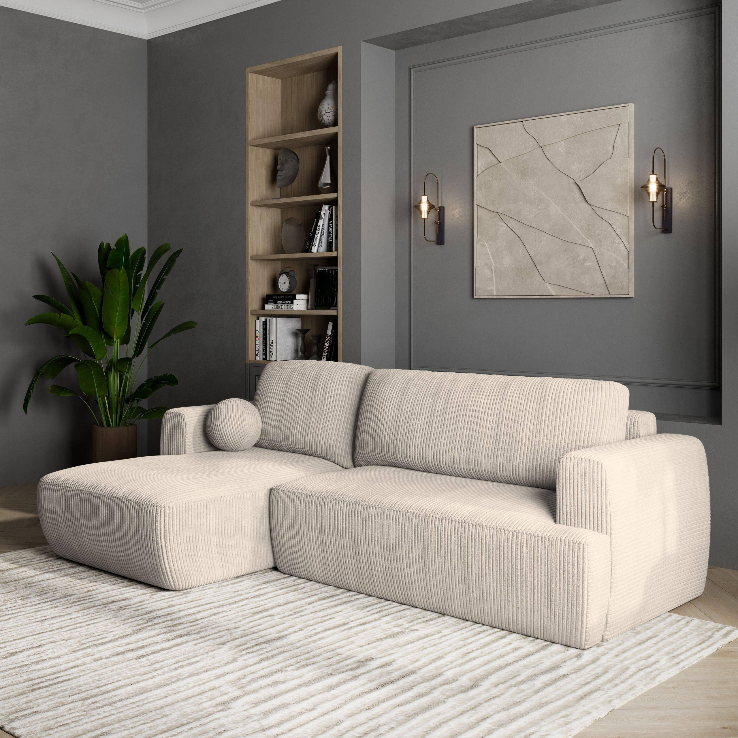 ECKSOFA SENTI P L-S Creme Kordstoff mit Schlaffunktion - Creme, Holz (246/148cm) - MASSENO