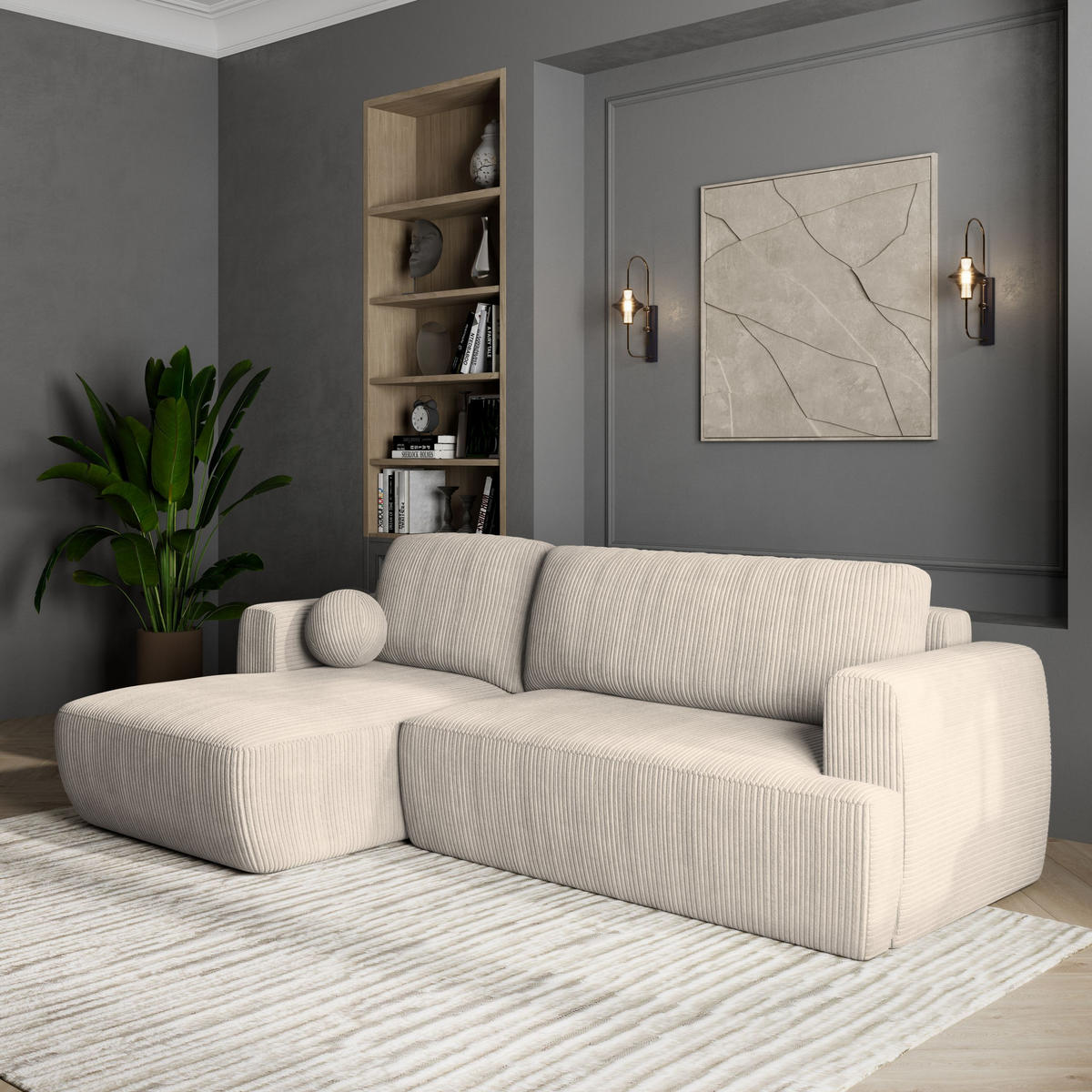 ECKSOFA SENTI P L-S Creme Kordstoff mit Schlaffunktion - Creme, Holz (246/148cm) - MASSENO