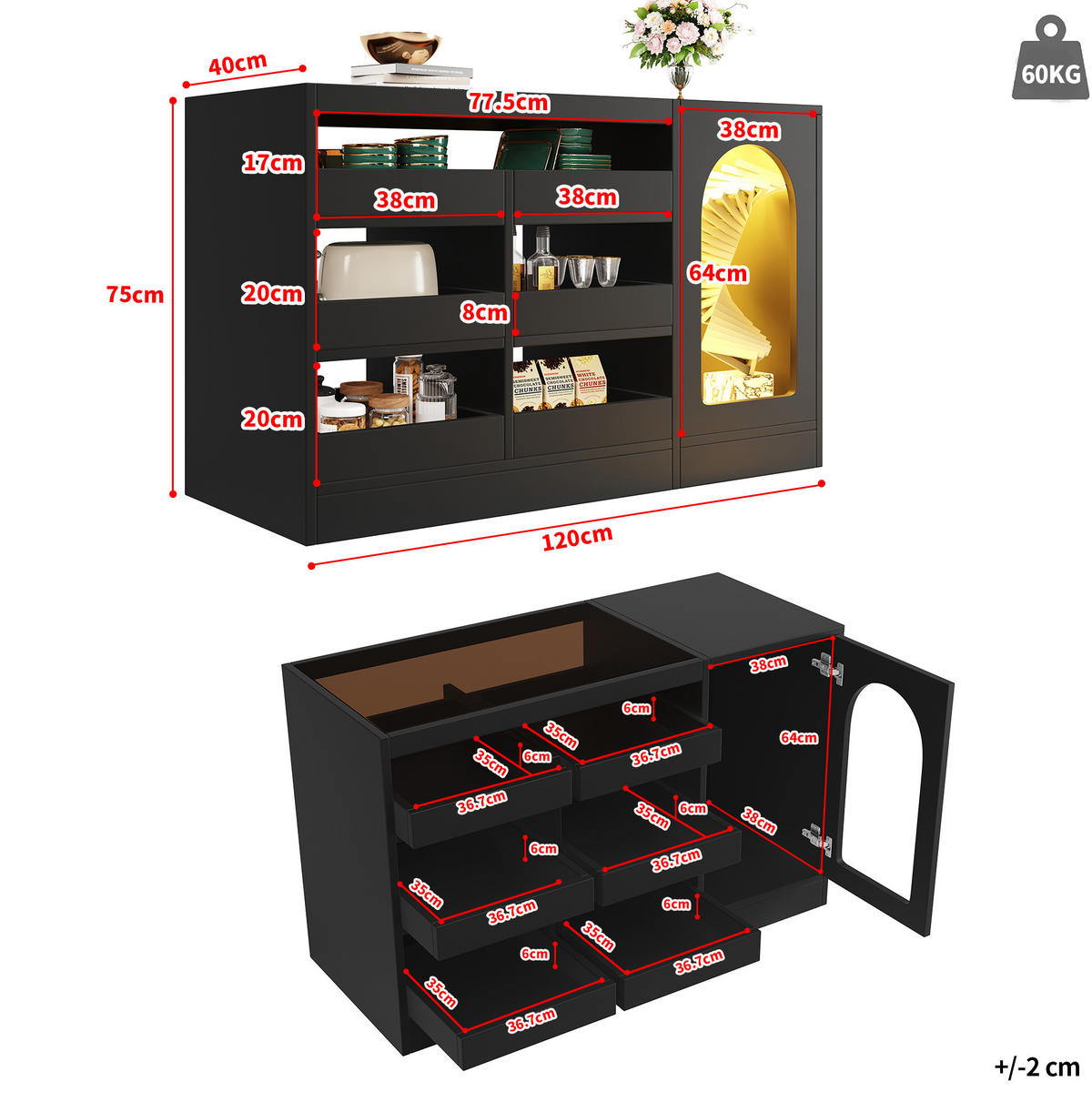 KOMODA 120/40/75 cm z MDF, černá, s LED osvětlením - černá, kompozitní dřevo (120/75/40cm) - BEAOK