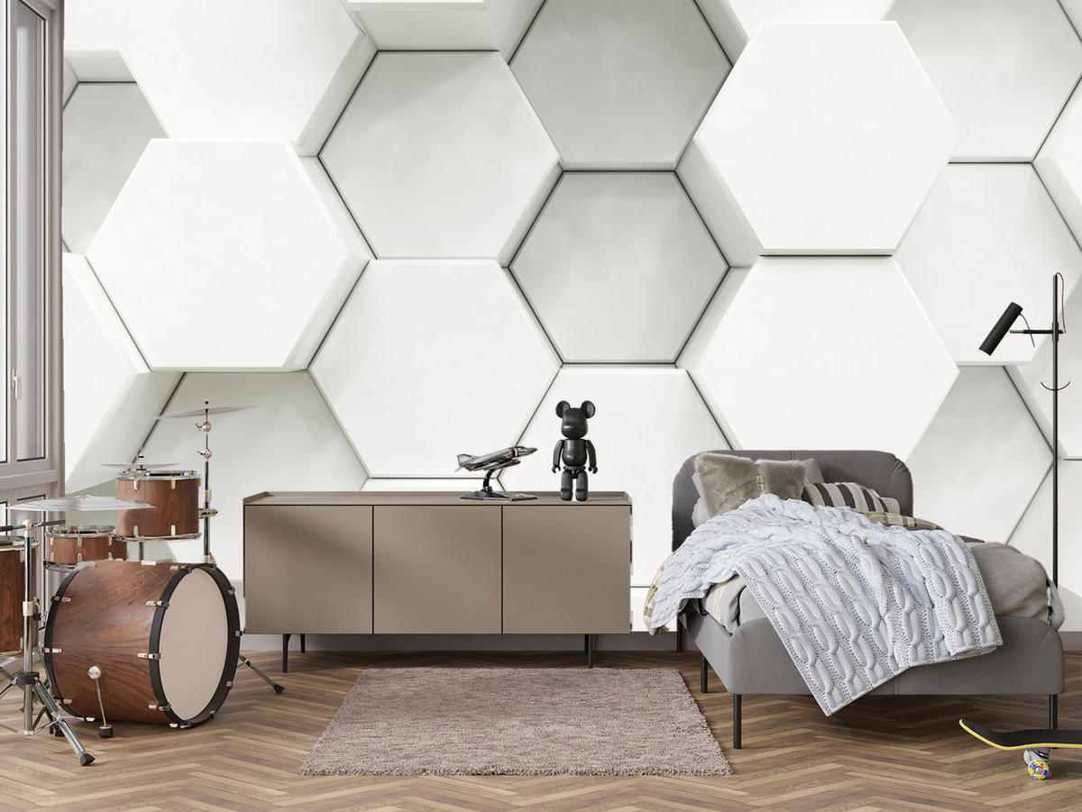 FOTOTAPETE für Wohnzimmer Hexagone Formen Geometrie 350x256 - Weiß/Grau, Papier (350/256cm) - Muralo