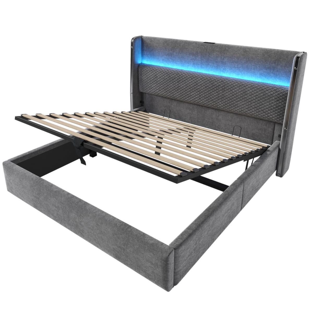 POLSTERBETT aus Leinen 140x200 cm in Grau mit LED & USB/Type-C & Stauraum - Grau, Textil (140/200cm) - Modfu