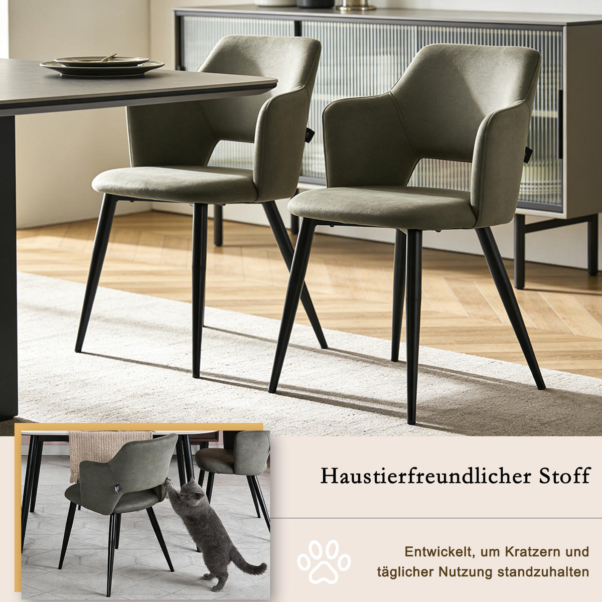 AUSZIEHBARER Esstisch mit 4 Design-Stühlen, 5-teiliges Set, Schwarz + Grün - Grün, Textil (47/81/81cm) - Meubles Cosy