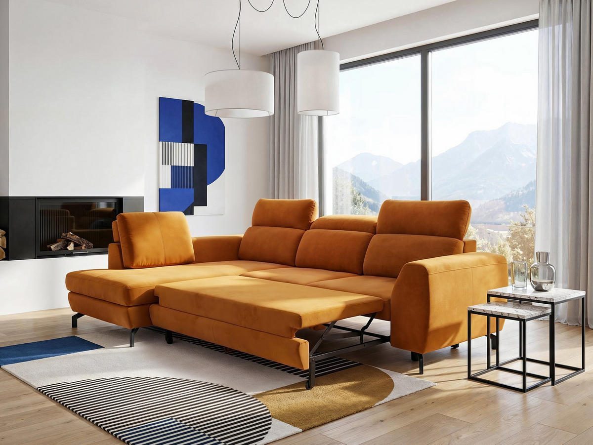 ECKSOFA ANTE Links, mit Schlaffunktion und Bettkasten, Senfgelb - Gelb, Textil/Metall (266/184cm) - Idohome